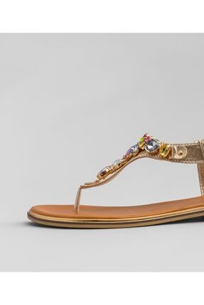 Parmak Arası Gold Taşlı Deri Kadın Sandalet 515-21-15