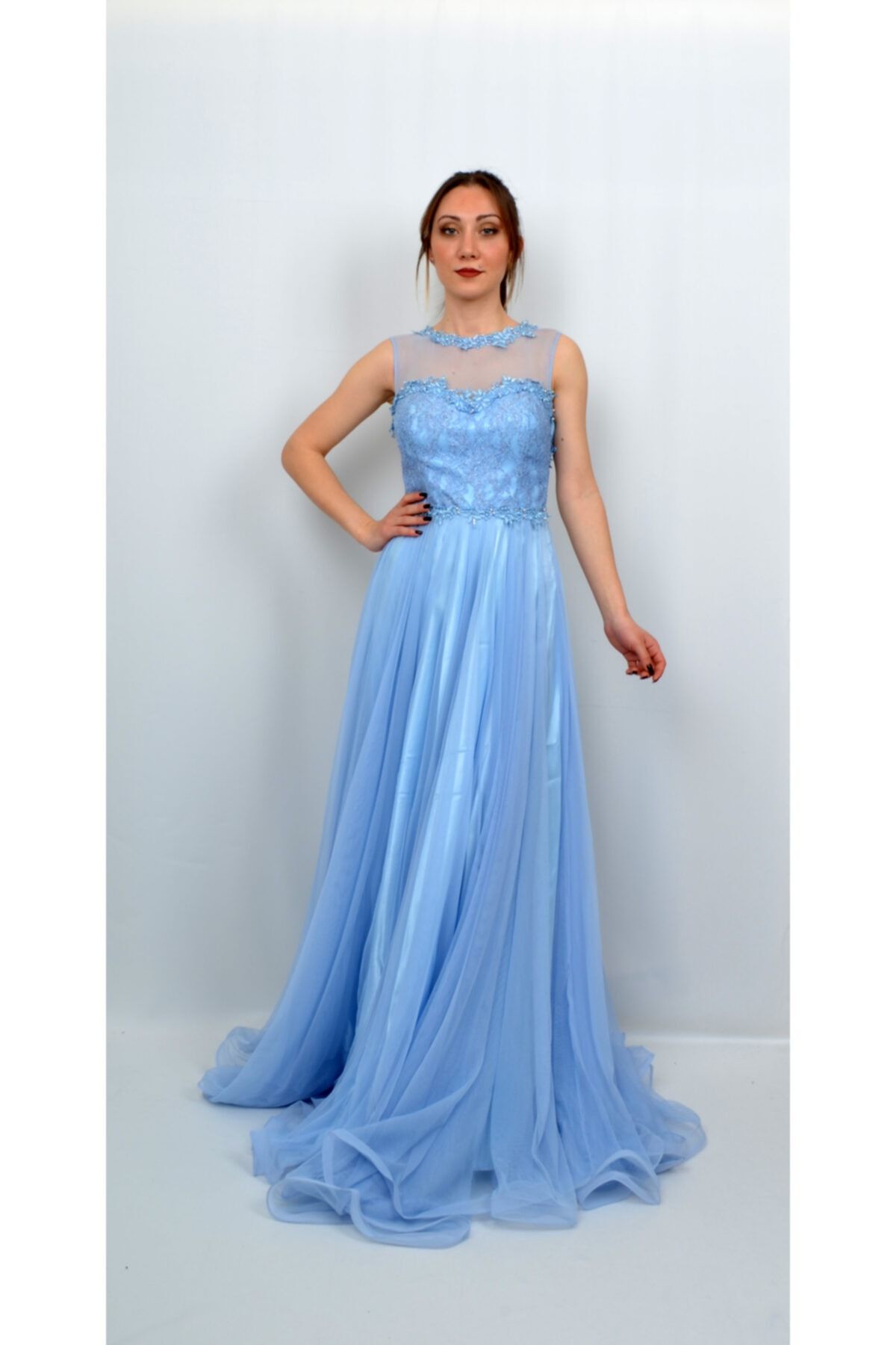 ALIS DRESS Женское голубое вечернее платье из тюля с кружевной вышивкой AL-0731