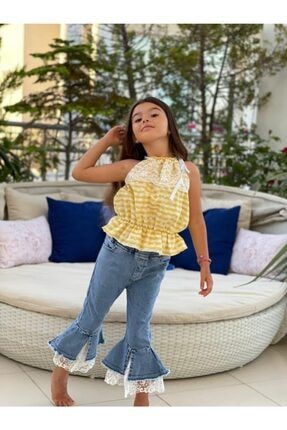 Kız Çocuk Pamuk Sarı Poplin Bluz Dantel Detaylı Kot Pantolon Ikili Takım Z-569