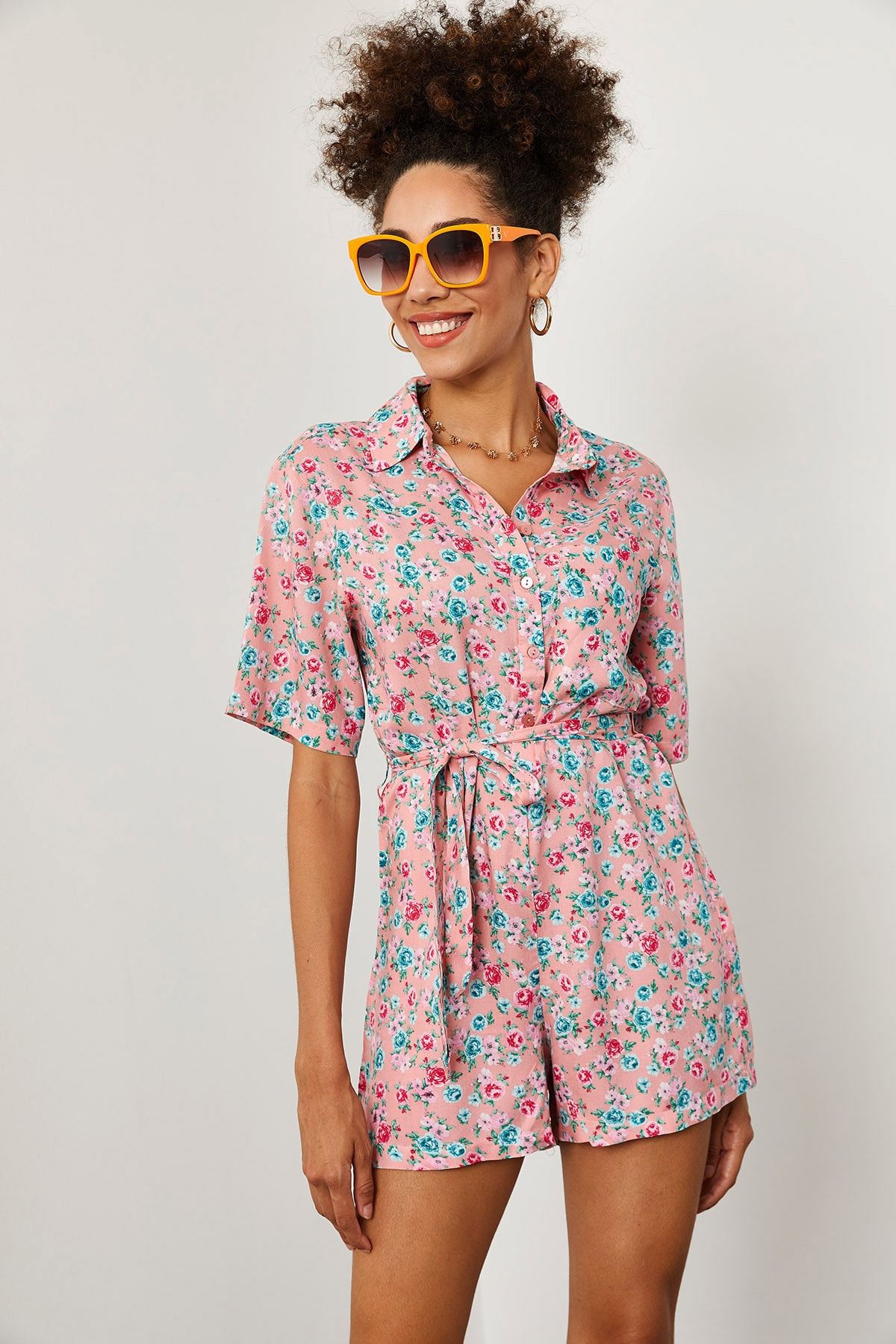 XHAN-Women's Pink Floral Patterned Jumpsuit 1YZK2-11973-20 3