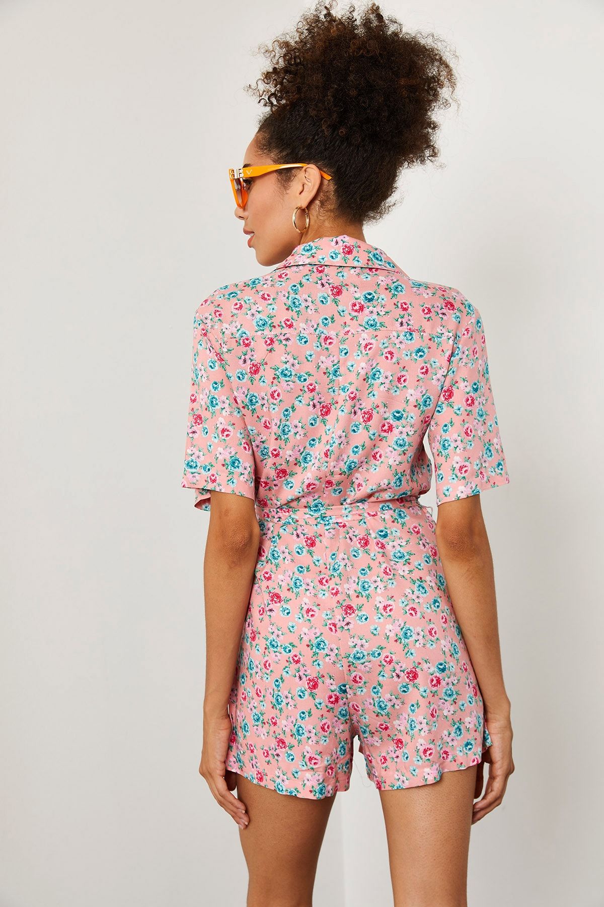 XHAN-Women's Pink Floral Patterned Jumpsuit 1YZK2-11973-20 8