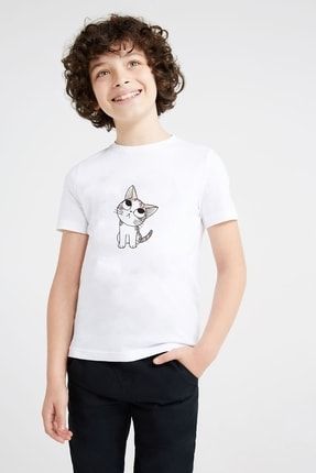 Unisex Çocuk Beyaz Kawaii Cat Şaşkın Kedi Baskılı T-shirt BGA2107-COCTS