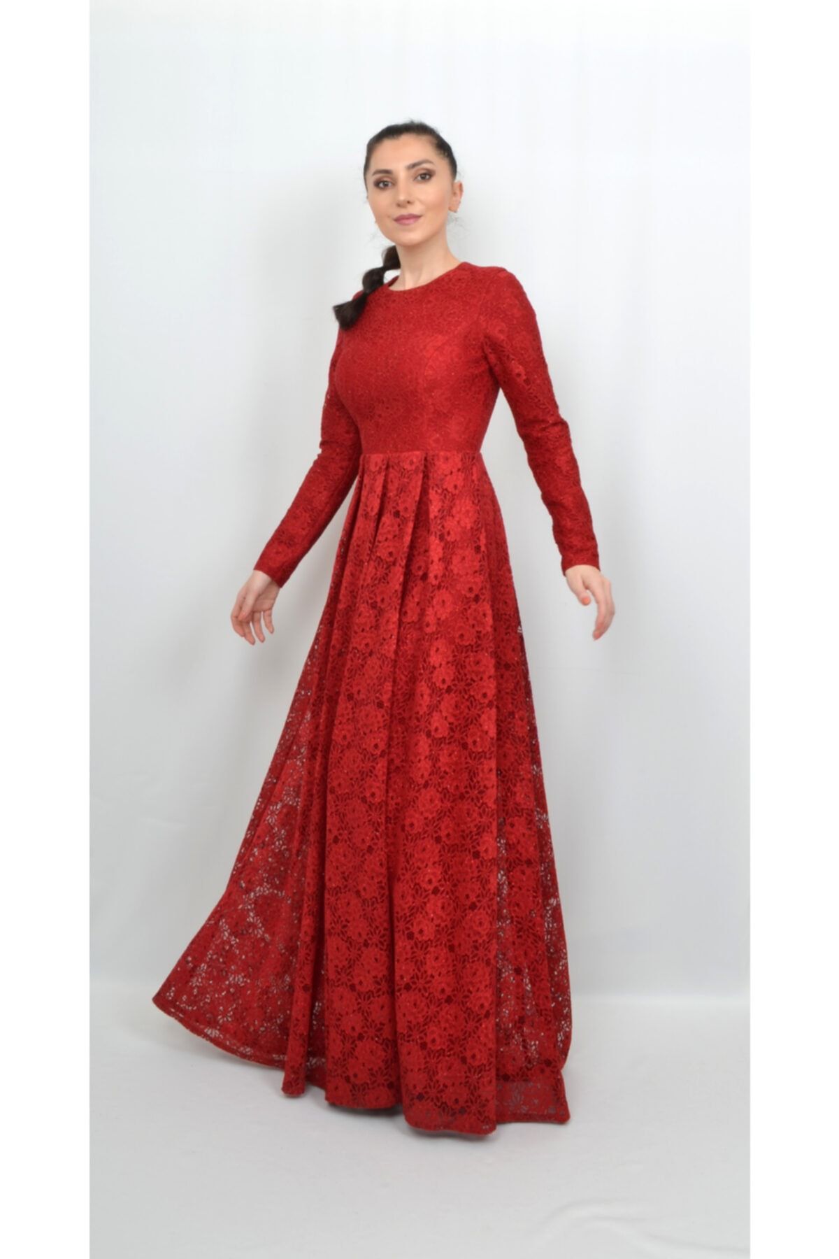 ALIS DRESS Женское красное кружевное вечернее платье с длинными рукавами AL-0745