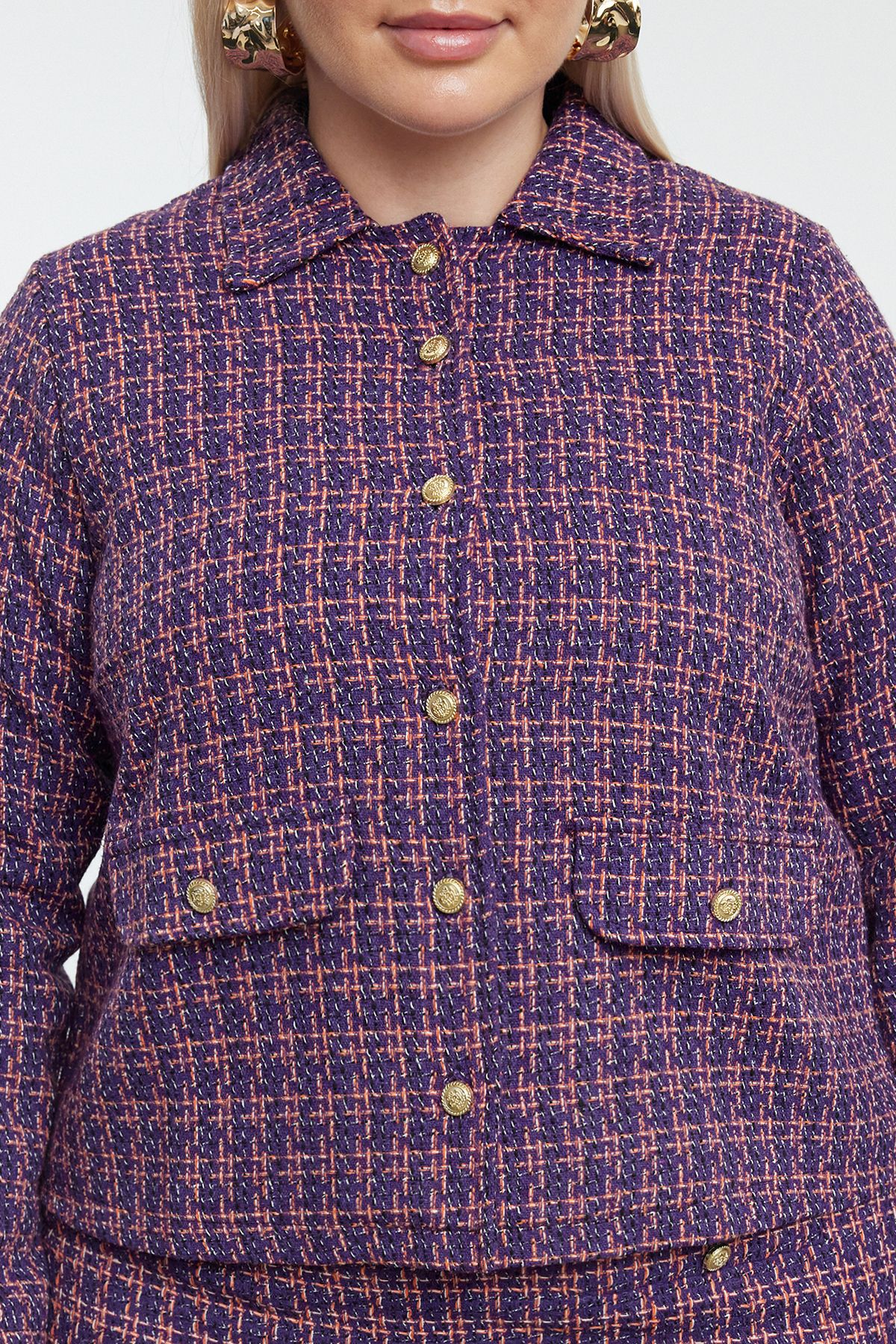 Trendyol Curve-Purple Buttoned Plaid/Checkered Tweed Woven Large Size Women's Jacket 3