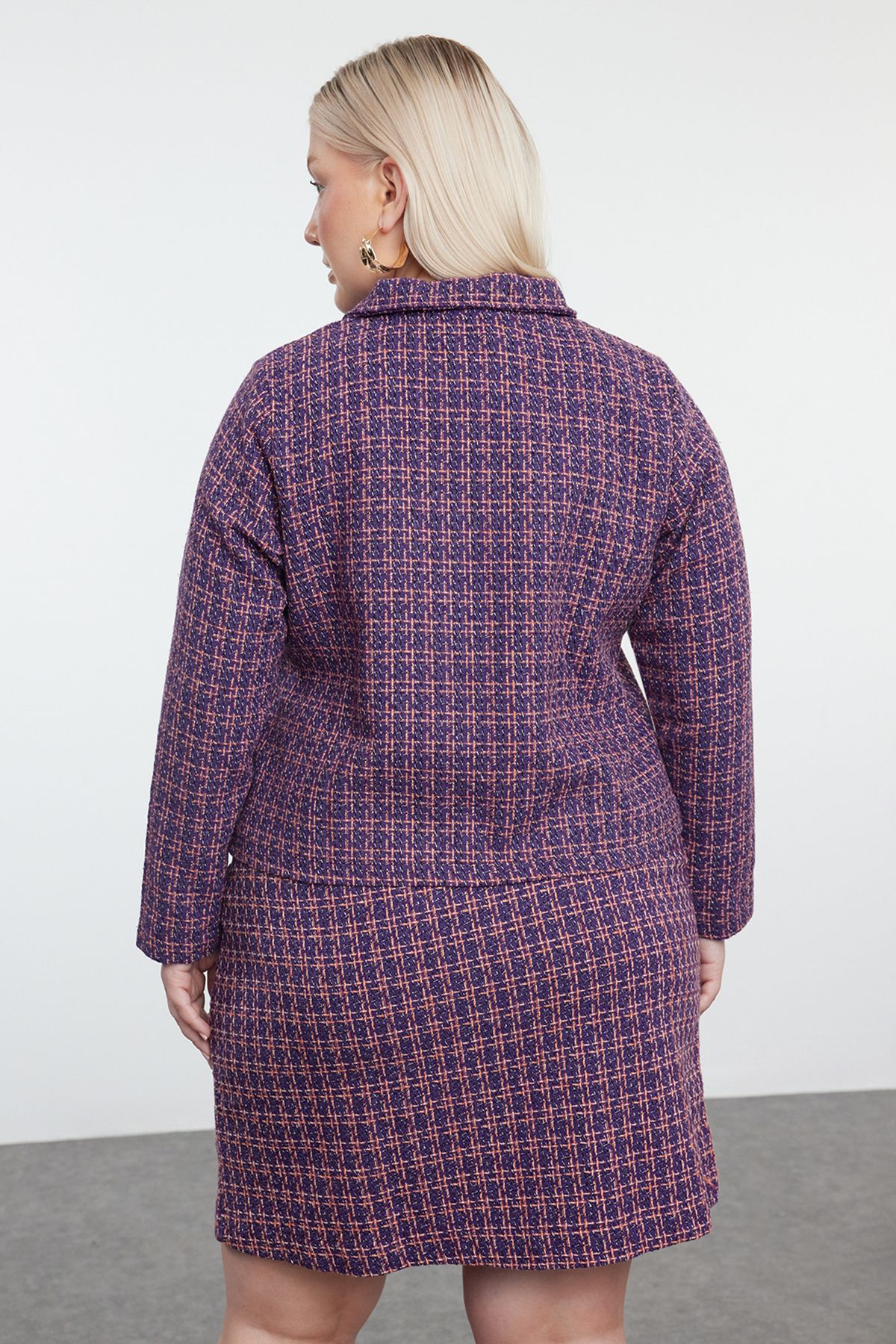 Trendyol Curve-Purple Buttoned Plaid/Checkered Tweed Woven Large Size Women's Jacket 5