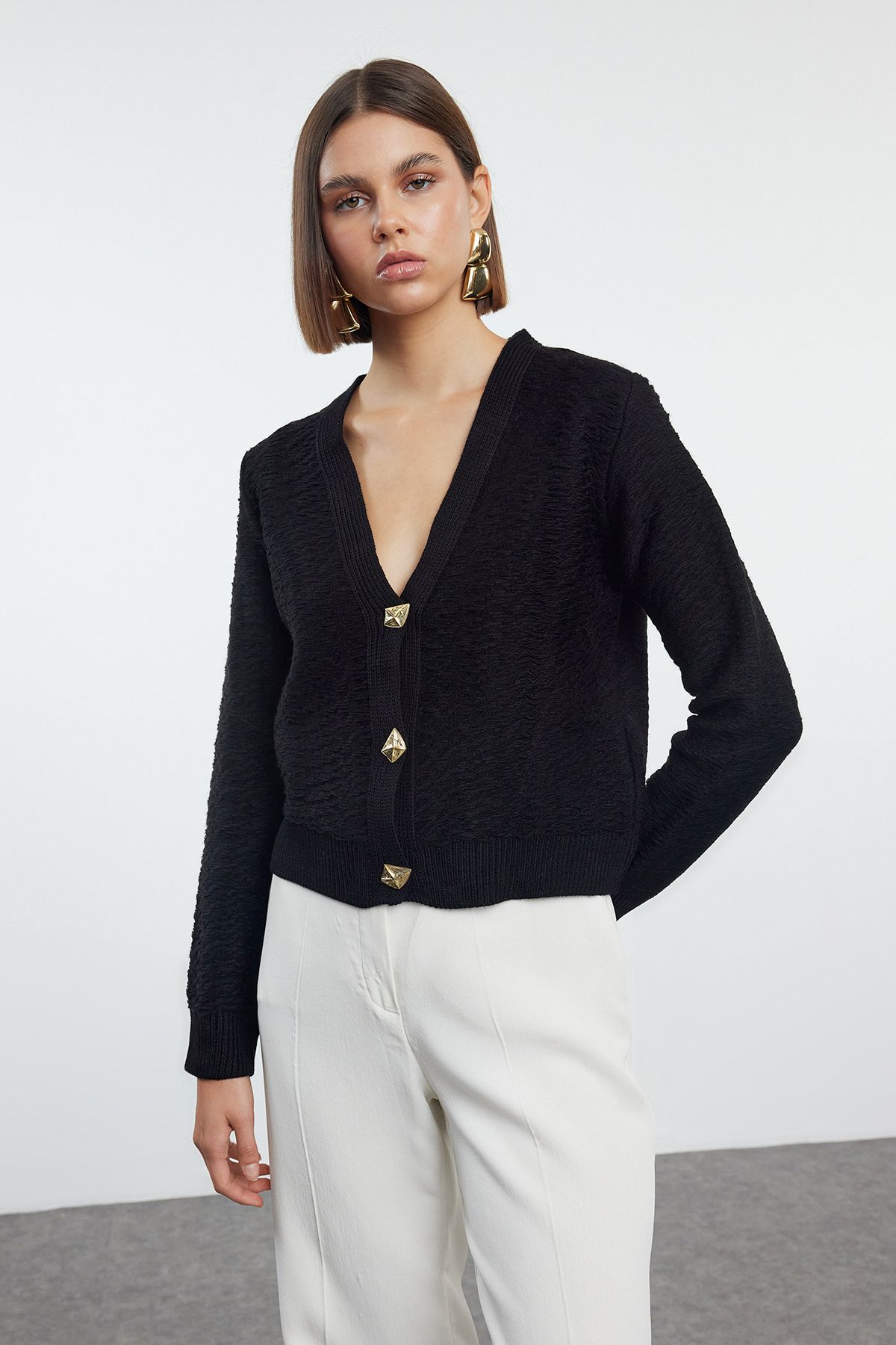 Trendyol Collection-Tricotaj Cardigan cu trandafiri negri - Detaliu nasturi, TWOAW25HI00249 2