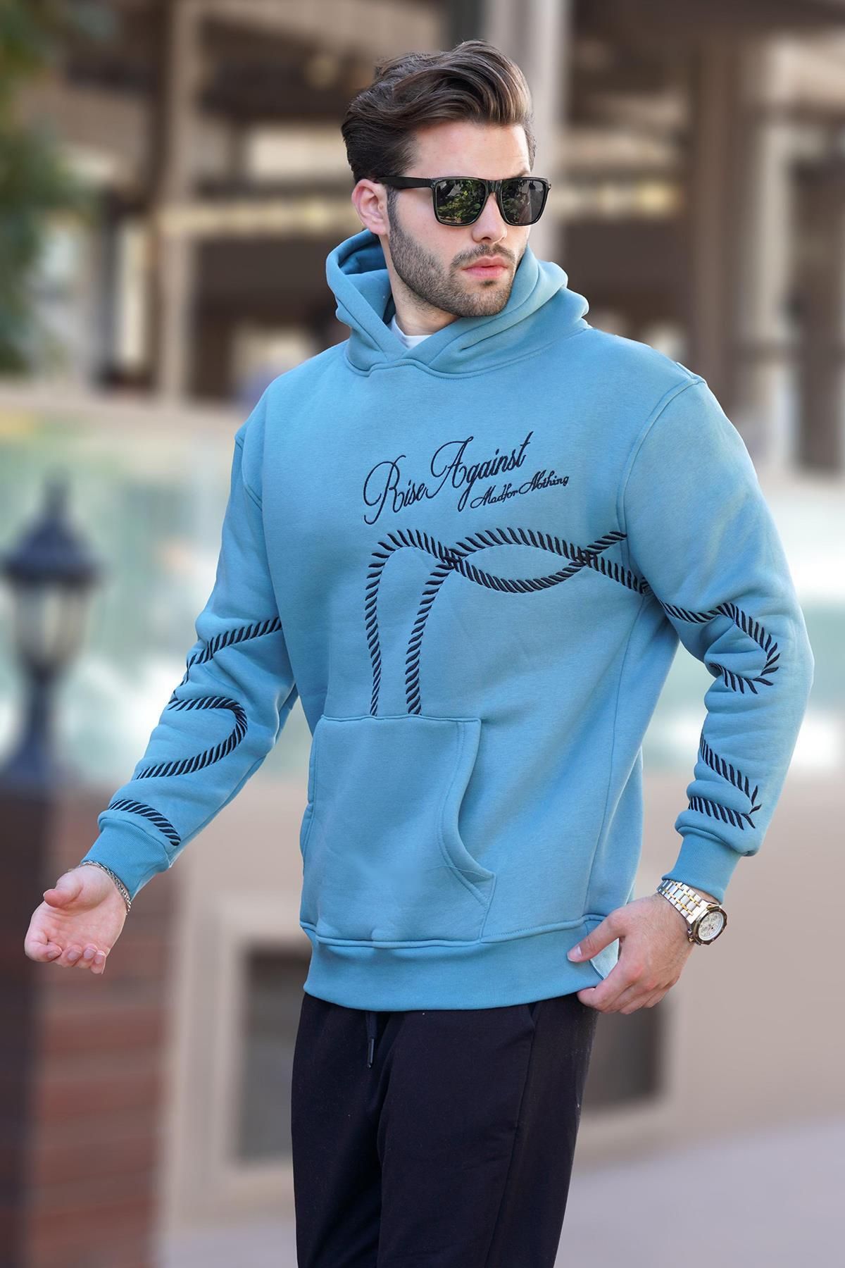 سویشرت مردانه کلاهدار چاپ آبی با جزئیات جیبی 7067 Madmext