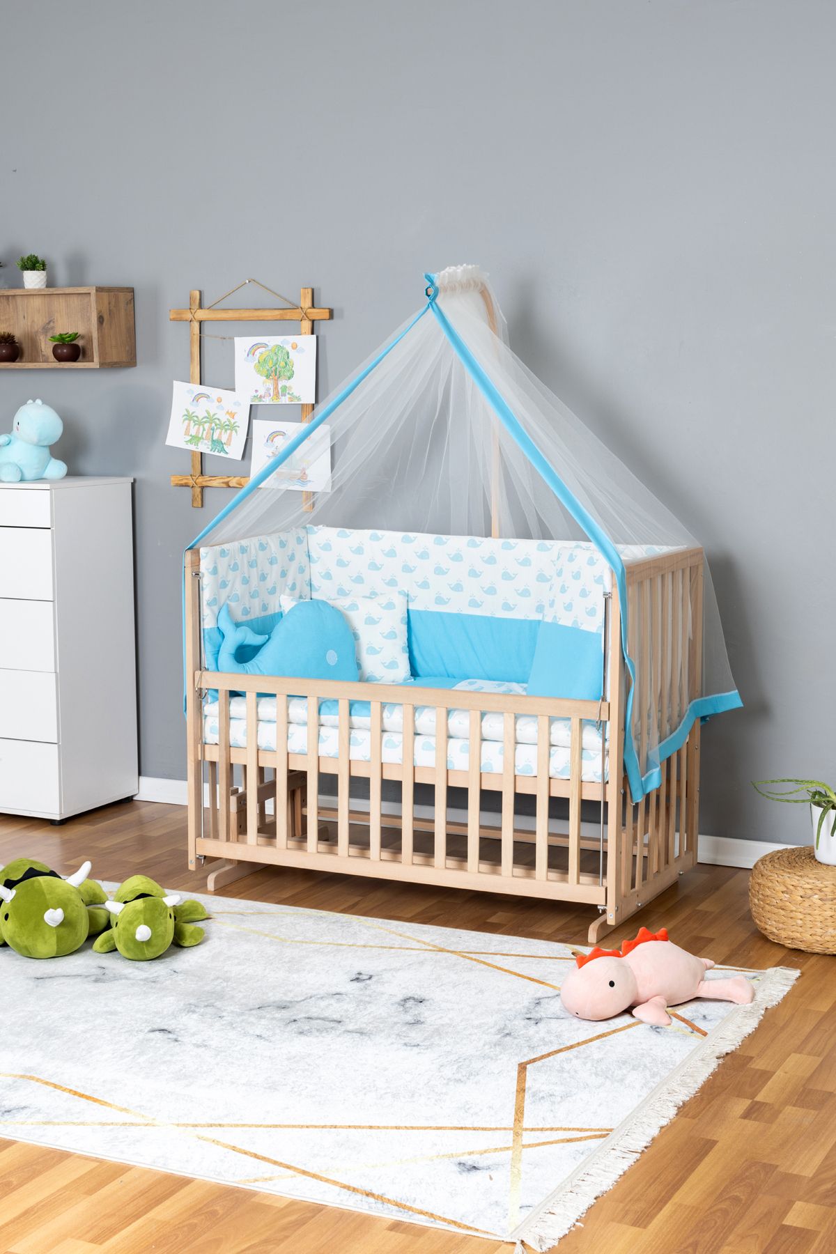 Ahşap Beşik Anne Yanı Beşik Organik 70x130 - Mavi Balina Uyku Seti + Yataklı