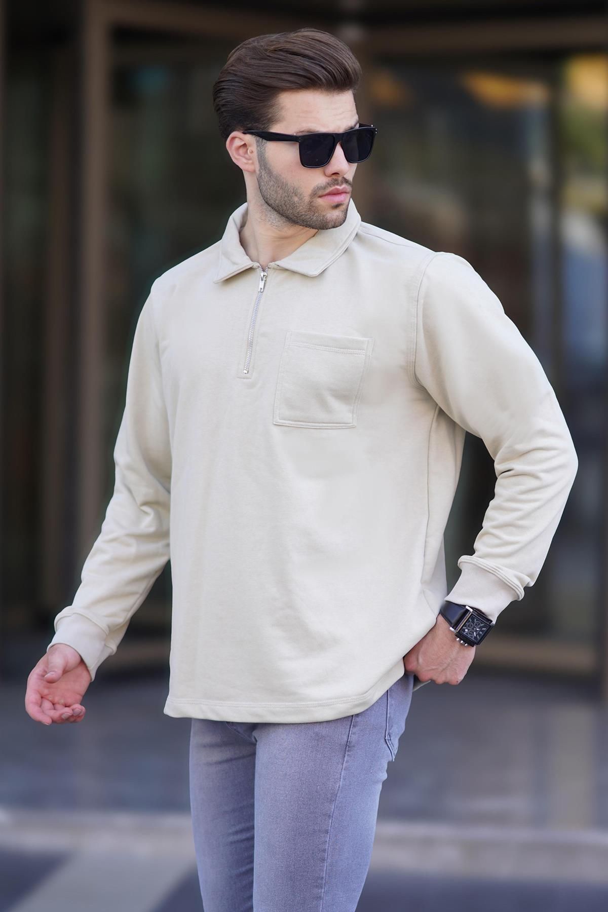 سویشرت مردانه آستین بلند یقه بژ زیپ دار 7057 Madmext