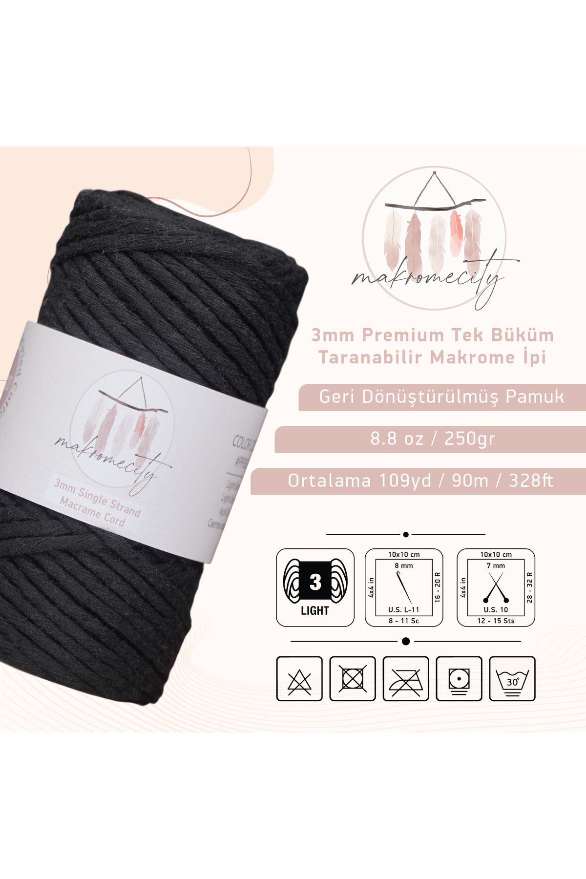 Makromecity-Scalloped Macrame Thread 3mm Scalloped Cotton Macrame Thread Macrame Thread Black 2