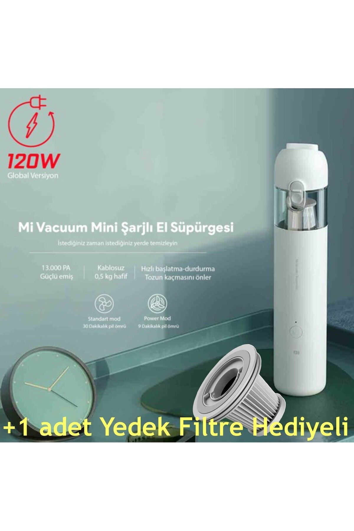 Mi Vacuum Mini Şarjlı Araç içi El Süpürgesi 120 Watt Mijia Global Çift Kademe +Hediye Yedek Filtre