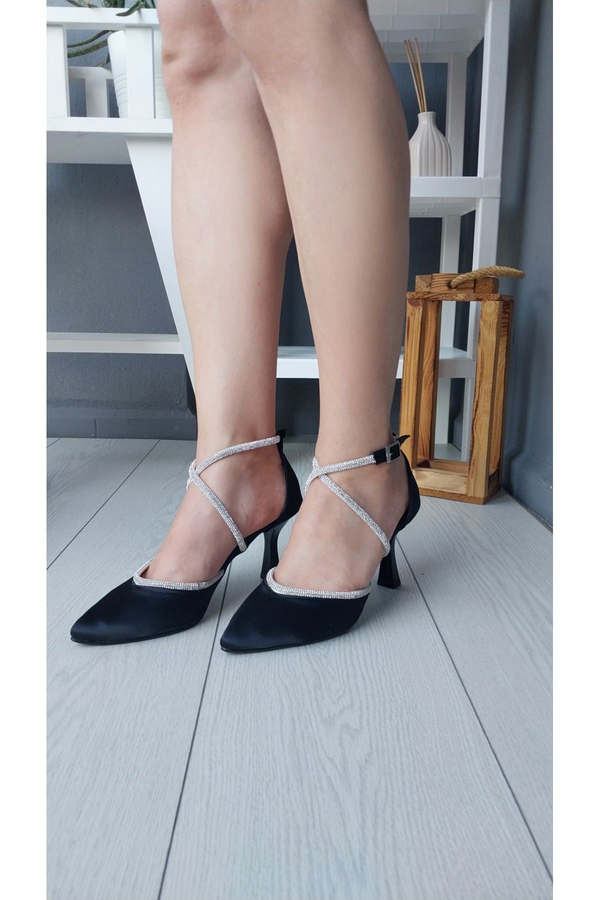 Modavien-Rochie de Seara Neagra din Satin - Pantofi 7 cm cu Detaliu Pietra 7