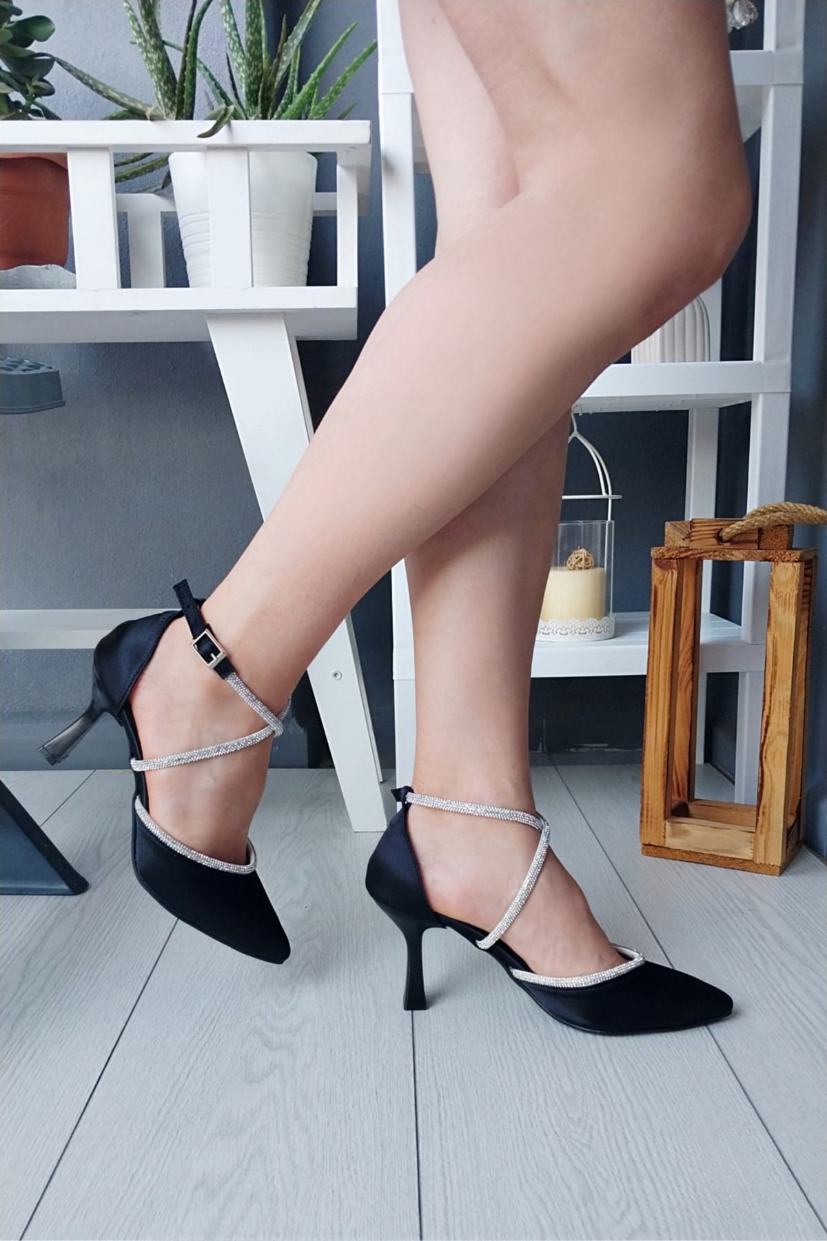 Modavien-Rochie de Seara Neagra din Satin - Pantofi 7 cm cu Detaliu Pietra 6