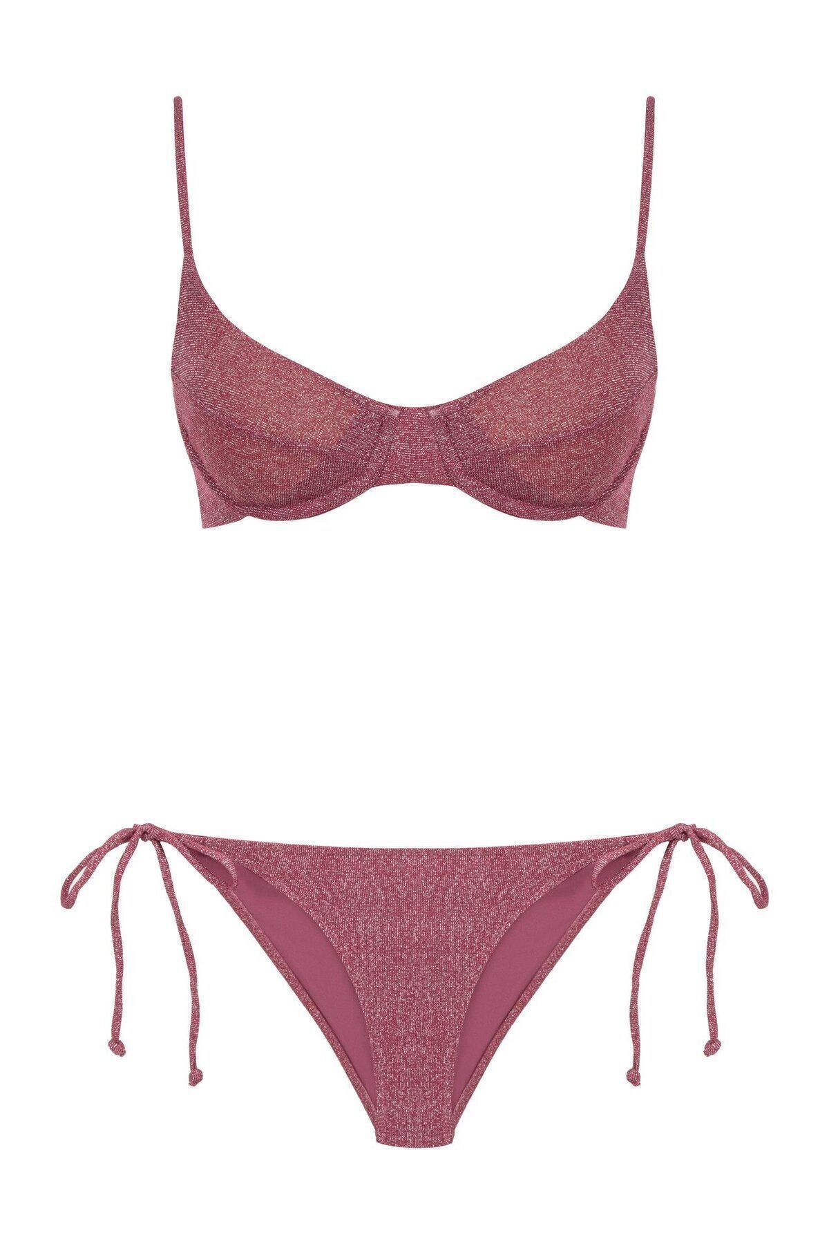 AQUELLA Lurex Büzgülü Balenli Fuşya Bikini Takım