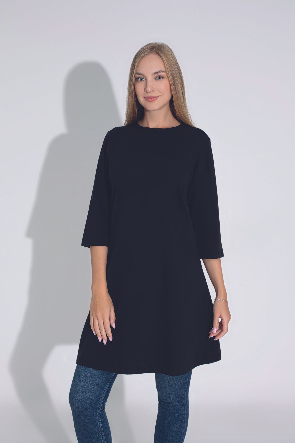 MyBen Kadın Siyah Renkli Bol Kesim Bisiklet Yaka Truvakar Kol Tunik T-403