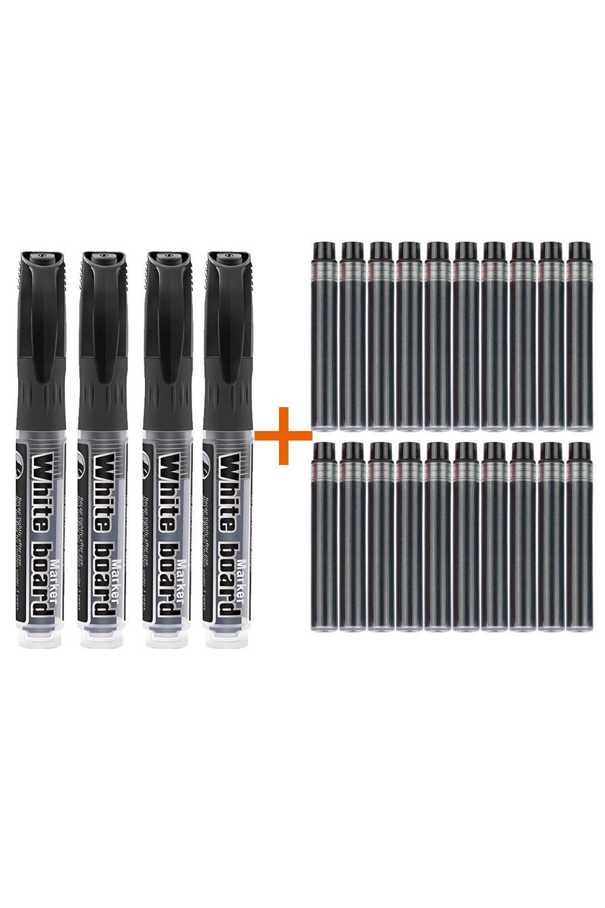 Modellino 20 Adet Siyah Kartuş + 4 Adet Siyah Tüplü BYB Kartuşlu Beyaz Tahta Kalemi