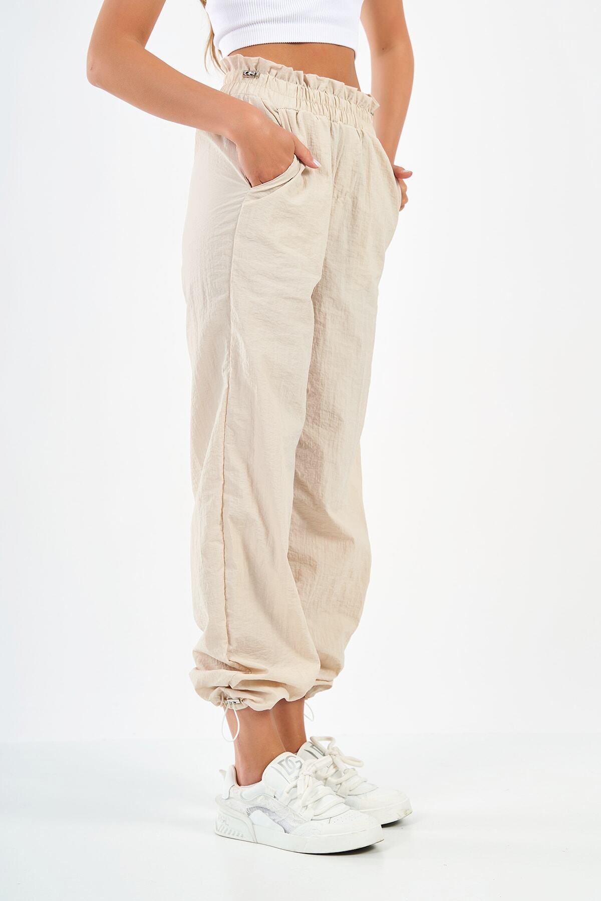 SevdeUgur-Women's Cream Parachute Pants - CargoJoggerPants, Collection 2
