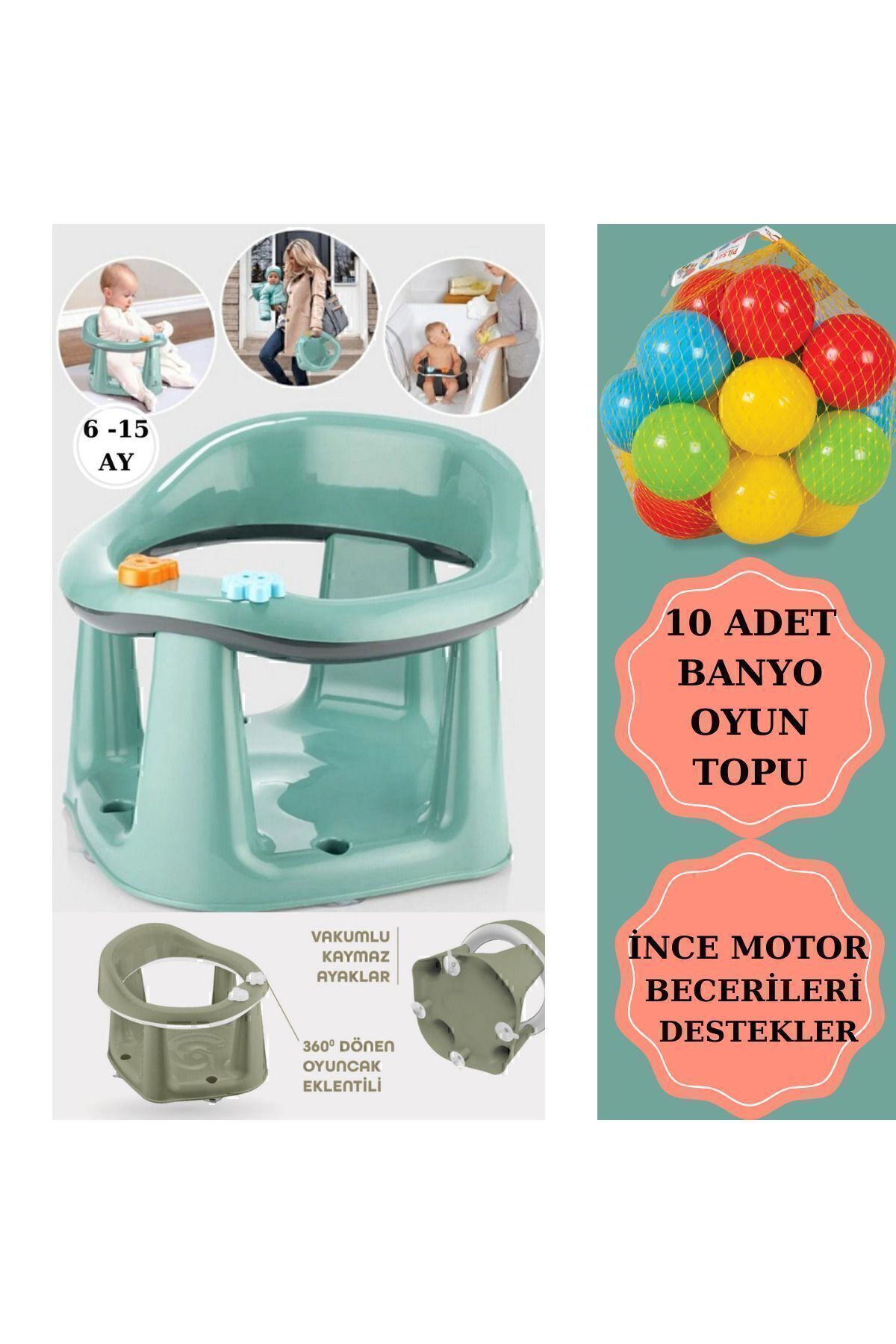 Zuu Baby Bebek Banyo Oturağı - Vakum Tabanlı Bebek Mama Oturağı - Bel Destekli Vakumlu Mama, Mavi 10 Top