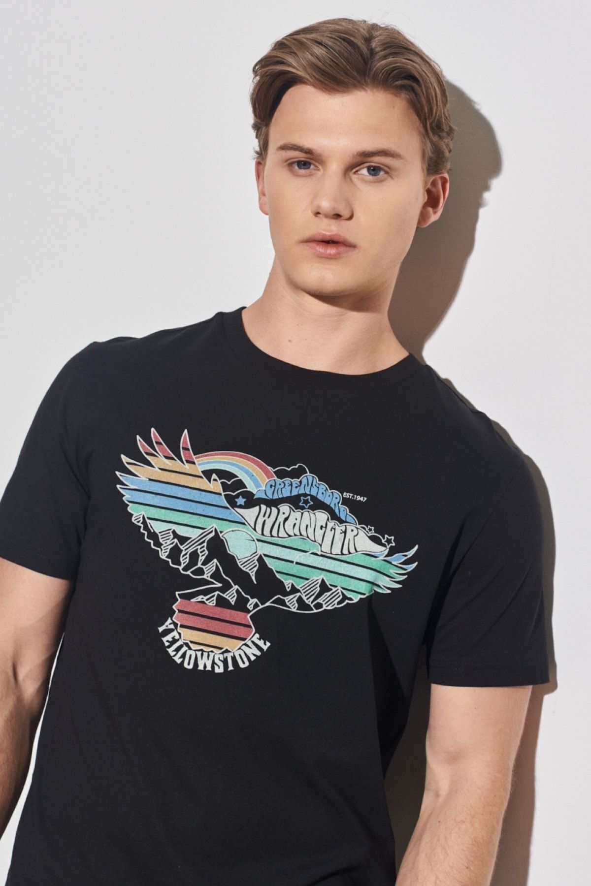 تی شرت مشکی مردانه به طور منظم مناسب گردن دوچرخه برش طبیعی 100 ٪ سیاه پنبه Wrangler