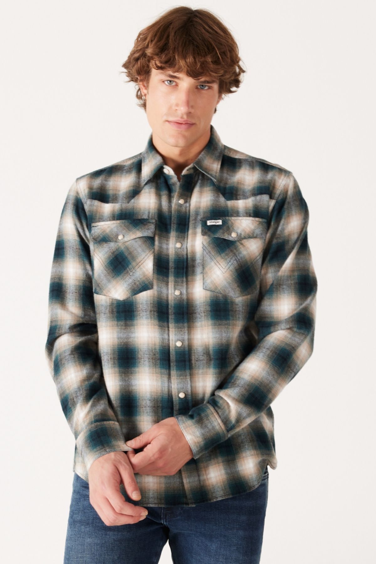 پیراهن / بلوز دکمه دار سبز مردانه برش روزمره شل 100 ٪ آستین بلند پنبه Wrangler