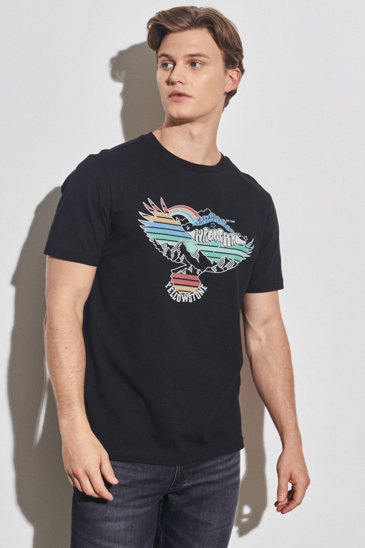 تی شرت مشکی مردانه به طور منظم مناسب گردن دوچرخه برش طبیعی 100 ٪ سیاه پنبه Wrangler