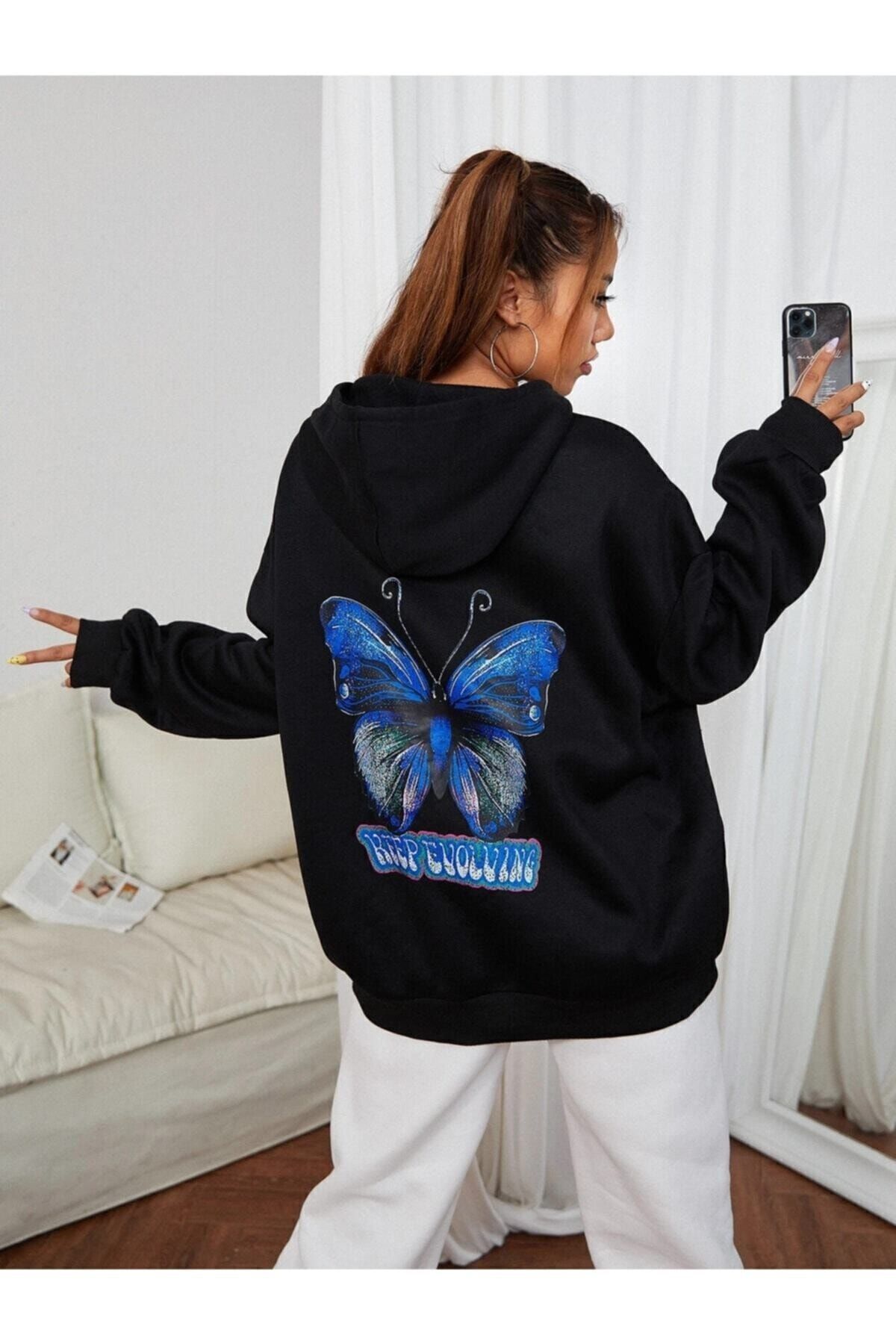 MODANYA Women s Black Oversize Blue Butterfly Hooded Sweatshirt Trendyol