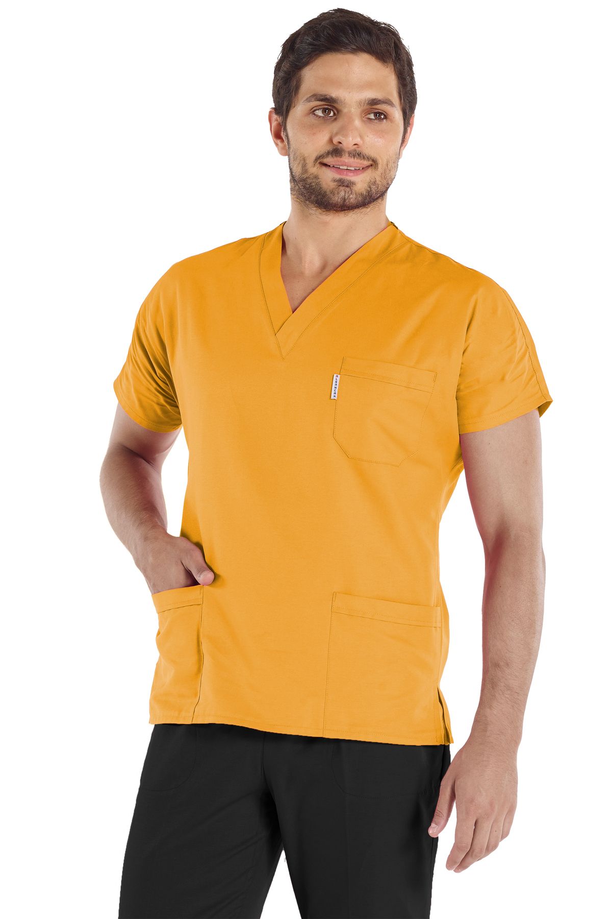 Scrubs Flex Tricou Pentru Bărbați Pentru Medic Și Asistentă Chirurgicală - Muștar/negru, Costum Din Țesătură Groasă Din Lycra - XL