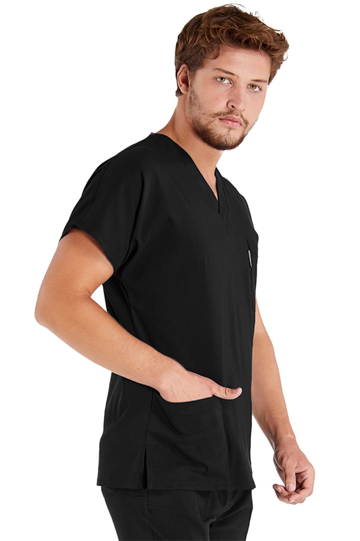 Scrubs Flex-Tricou chirurgical și costum de asistentă pentru bărbați din țesătură groasă neagră - Lycra 2