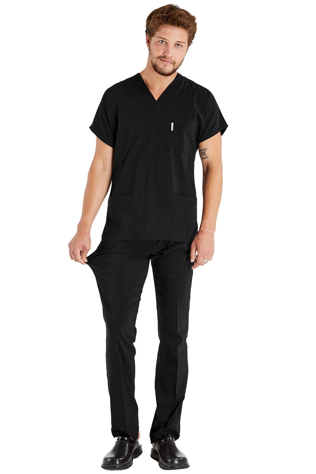 Scrubs Flex-Tricou chirurgical și costum de asistentă pentru bărbați din țesătură groasă neagră - Lycra 5