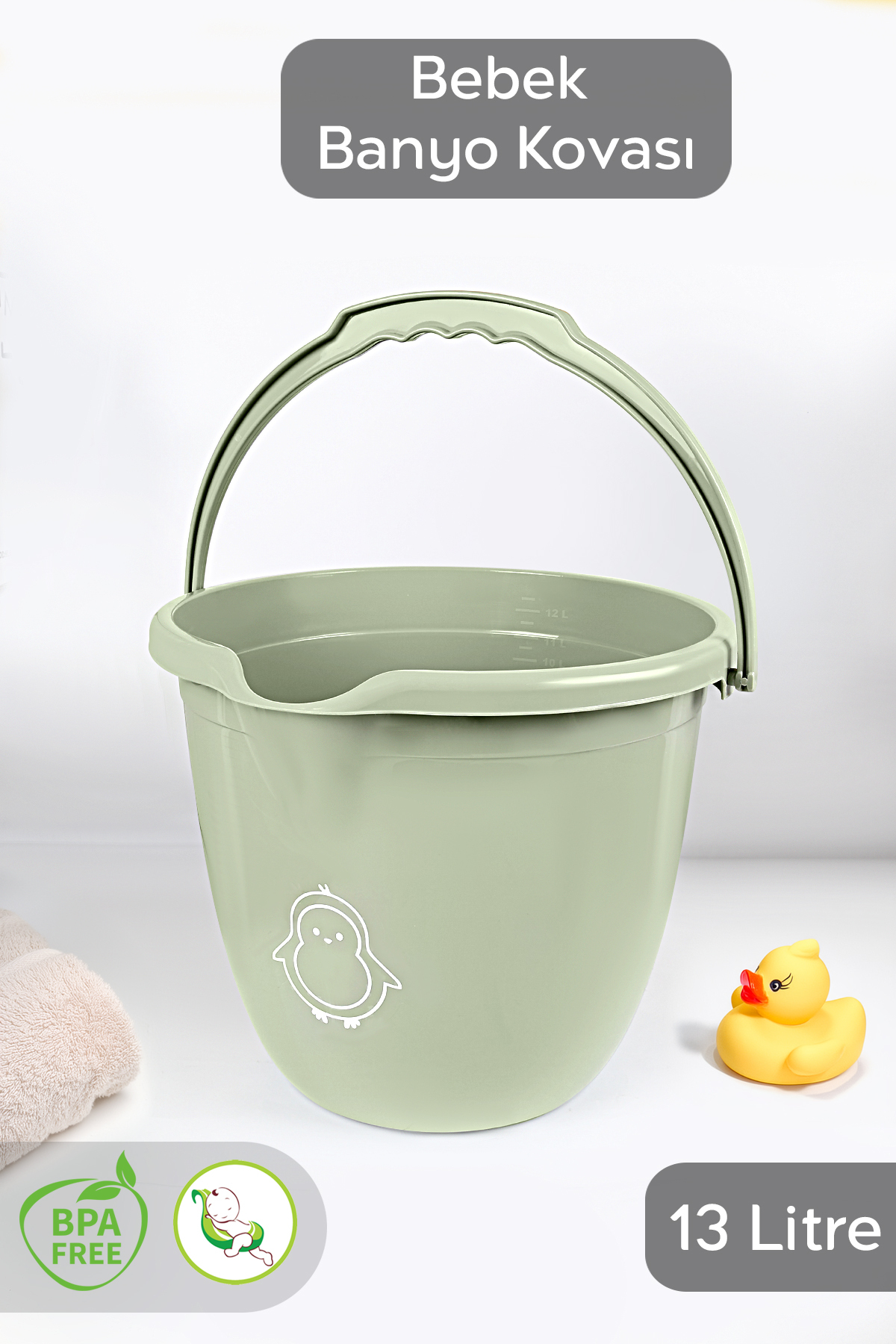 Meleni Baby Bebek Banyo Su Kovası - Çok Amaçlı Figürlü Kova 13 Lt - Yeşil