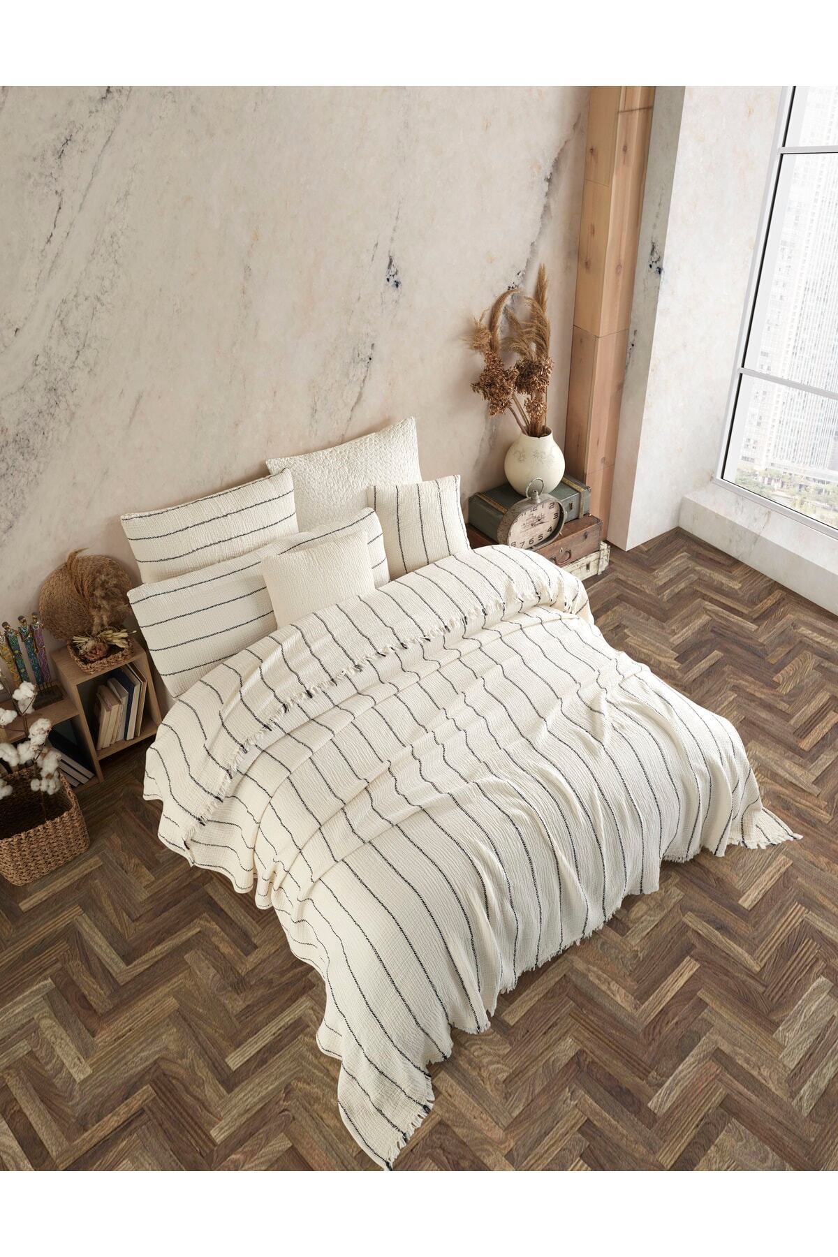 Bej Etnik Desenli Naturel 4 Katlı Muslin %100 Pamuk Tek Kişillik Yatak Örtüsü/Pike 160x240cm 4
