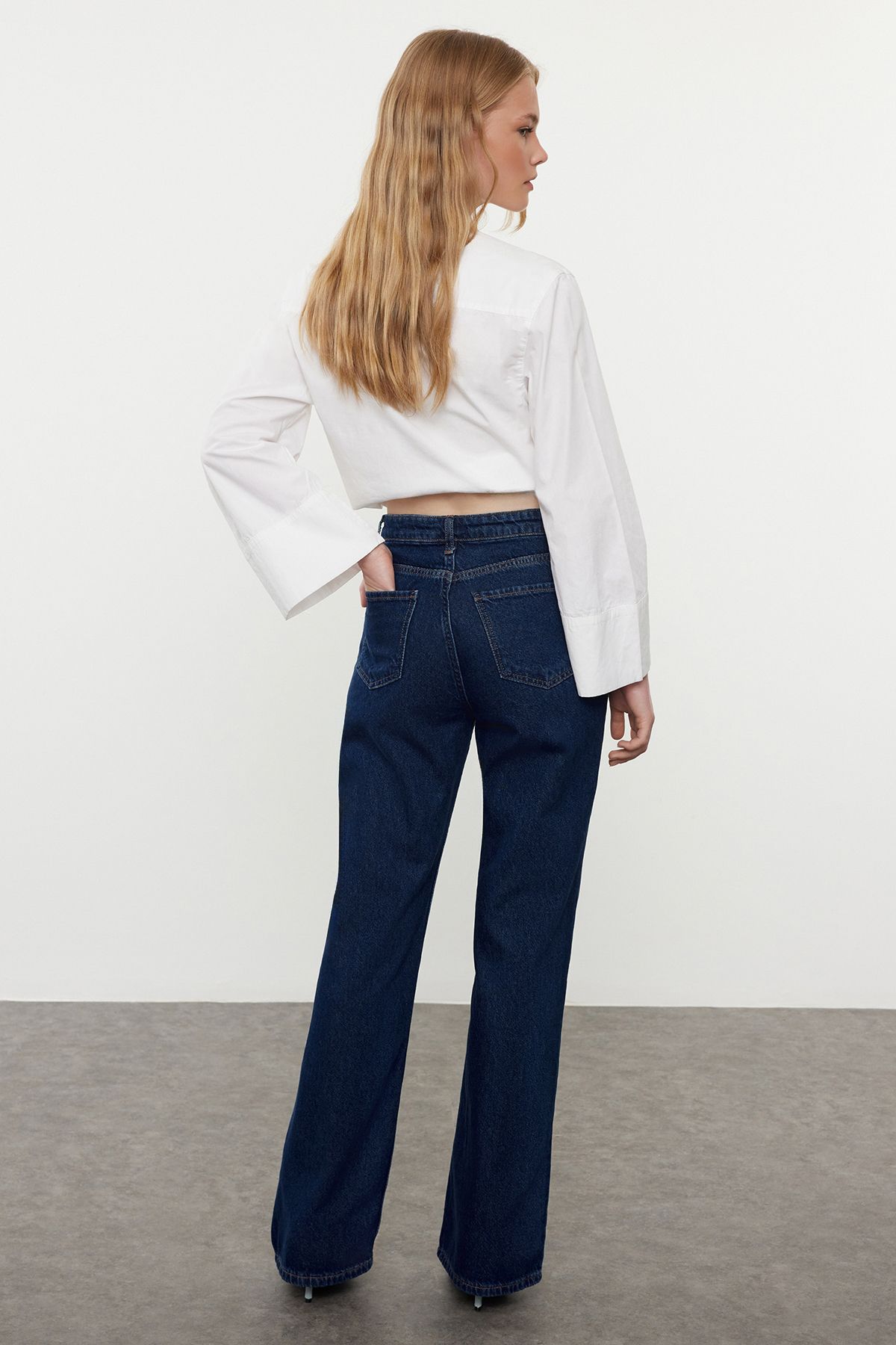 Trendyol Collection-Dark Blue High Waist Wide Leg Jeans Twoaw25Je00073 5