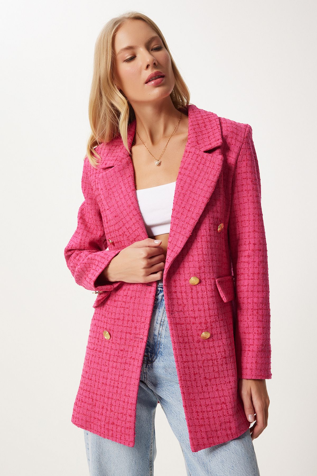 Happiness İstanbul-Jachetă blazer din tweed roz închis - damă, cu nasturi, WF00004 3