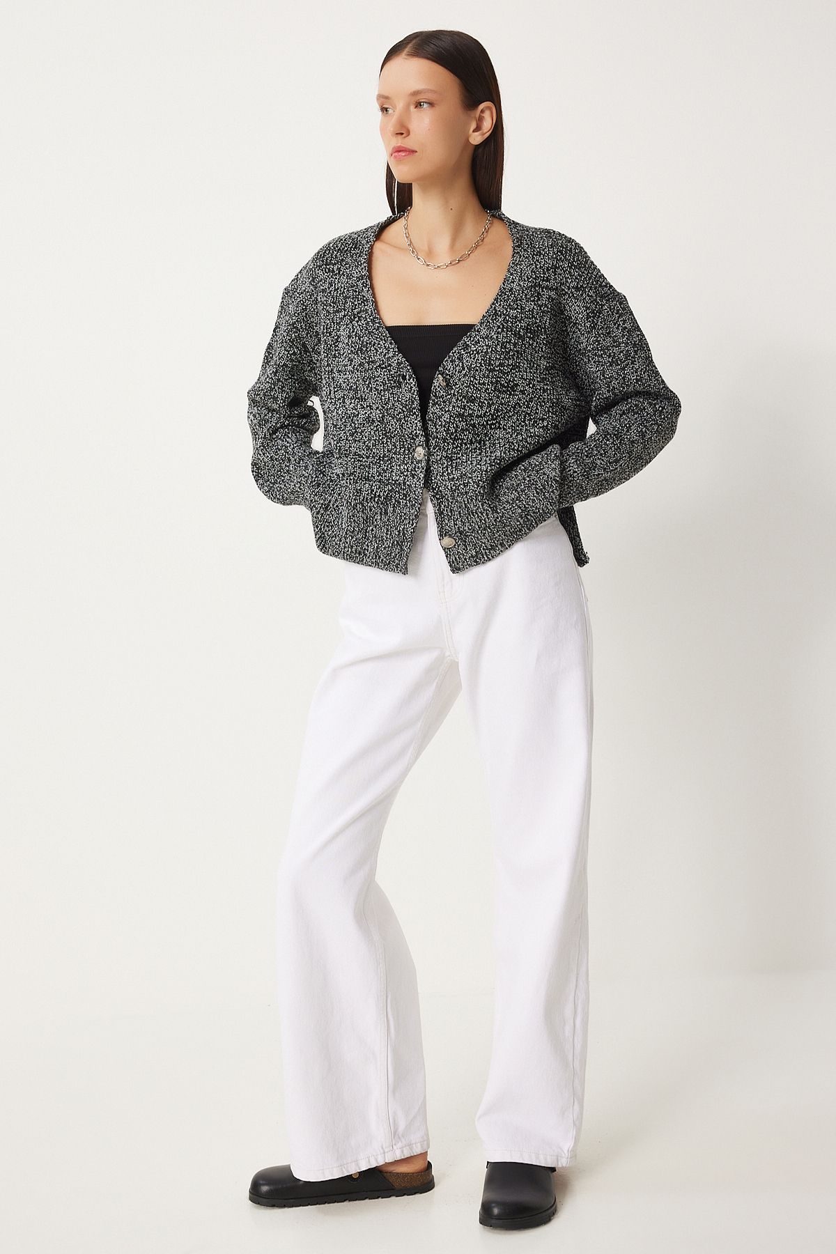 Happiness İstanbul-Grau meliert V-Ausschnitt Strick Damen Strickjacke - Grau Fn03338 3