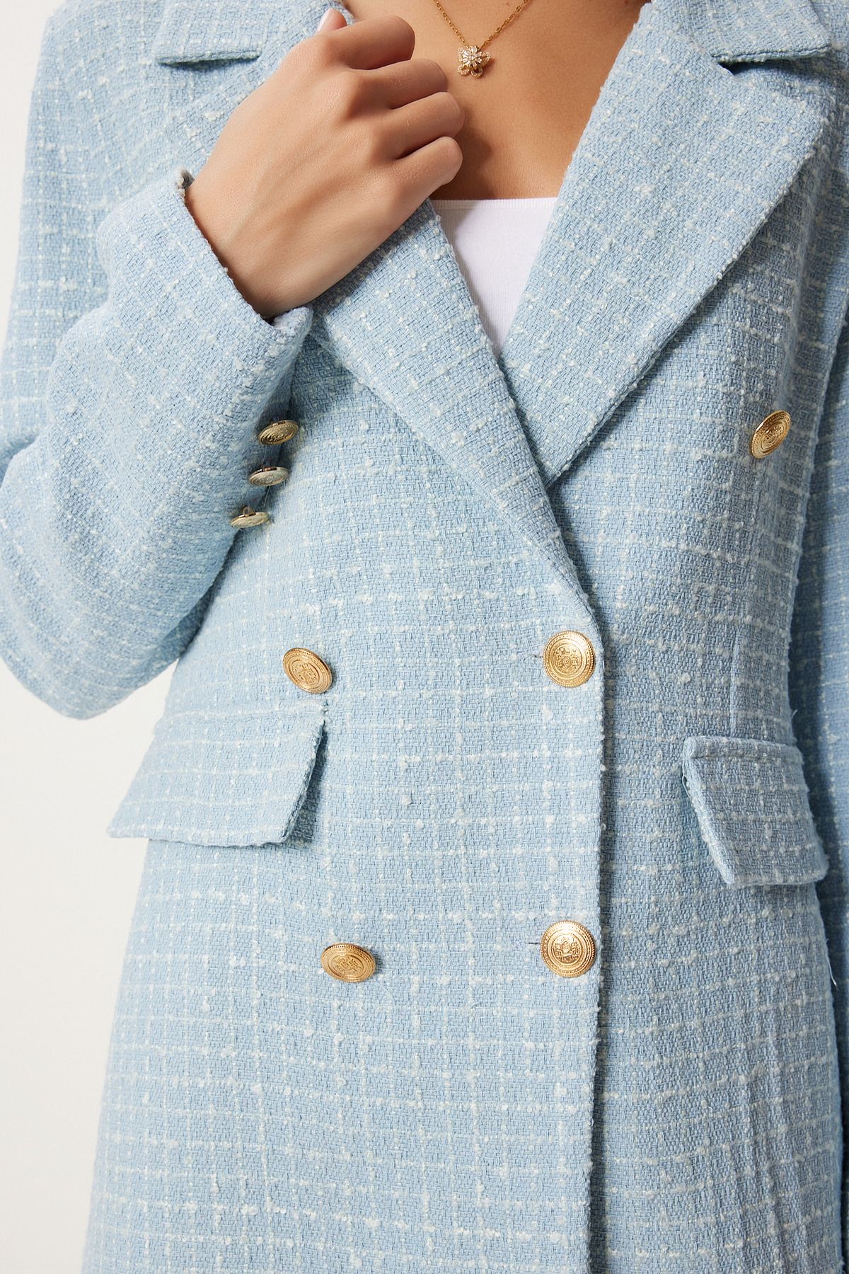 Happiness İstanbul-Himmelblaue Tweed-Blazerjacke mit Knöpfen für Damen WF00004 6