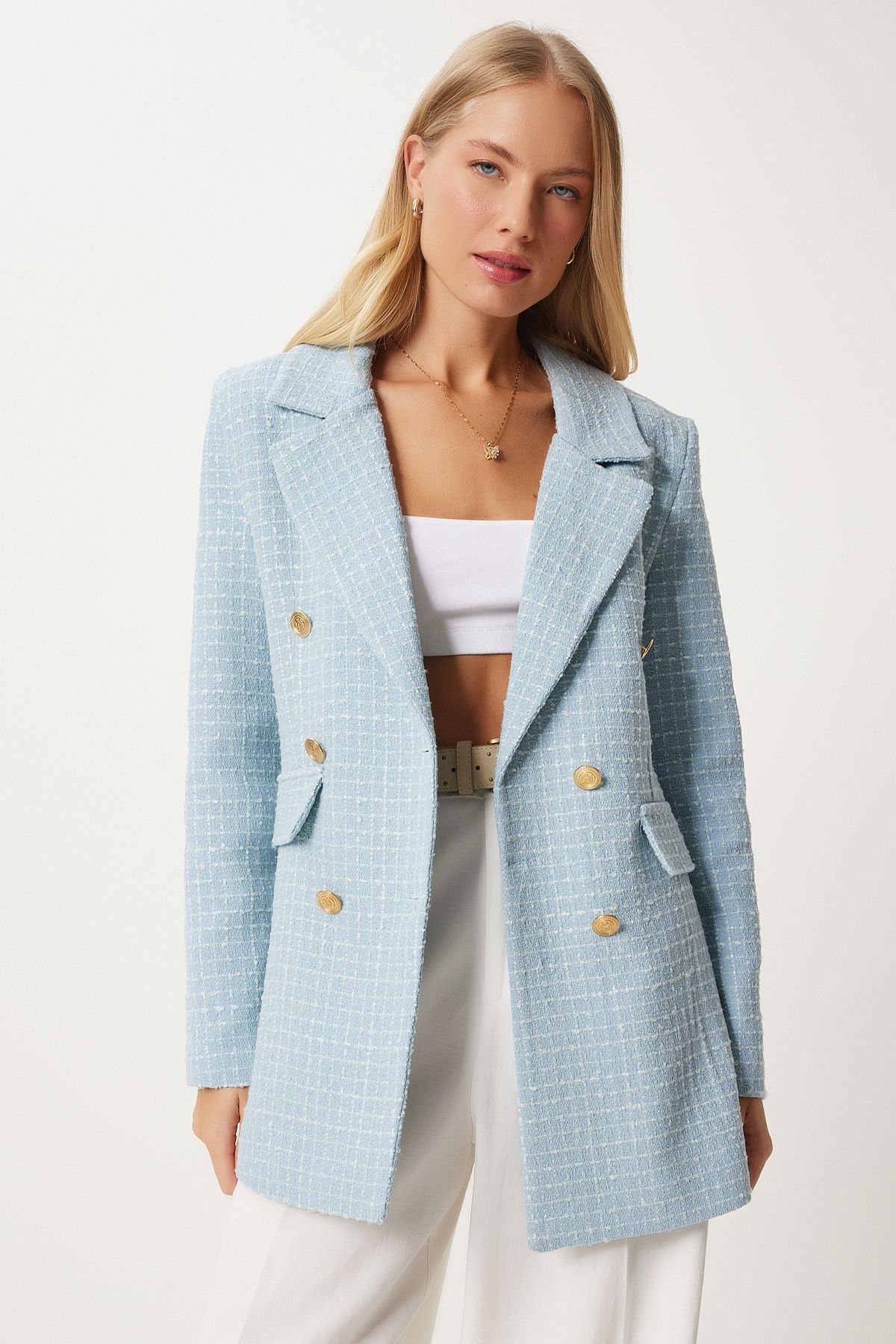 Happiness İstanbul-Himmelblaue Tweed-Blazerjacke mit Knöpfen für Damen WF00004 3