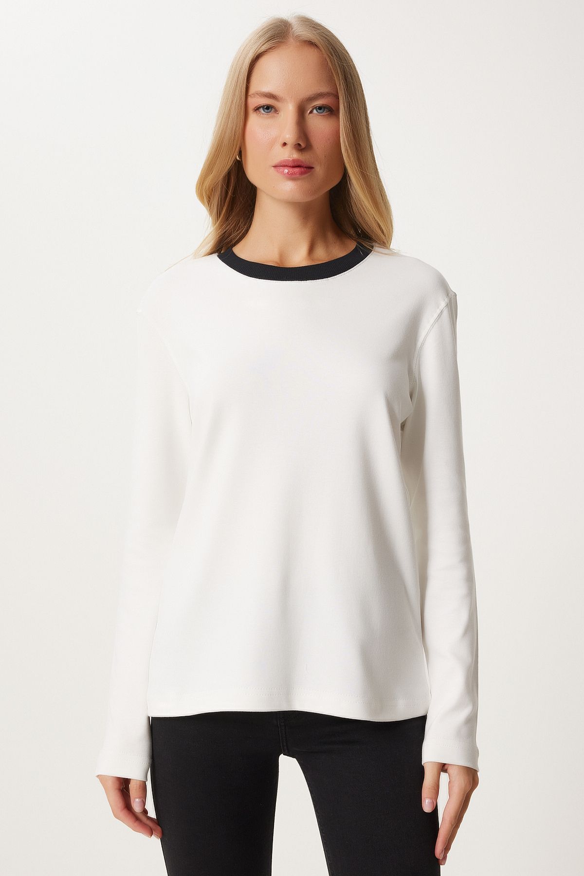 Happiness İstanbul-Weiße Baumwollbluse in Kontrastfarbe für Damen - Nj00157 3
