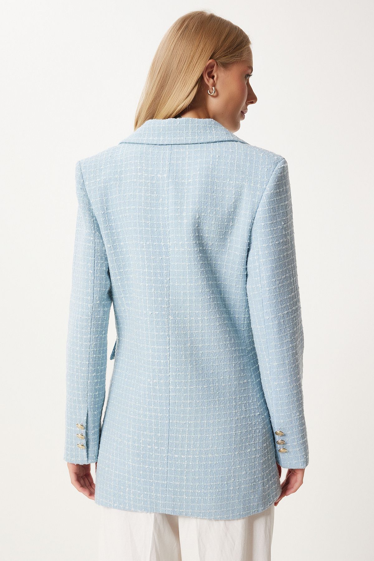 Happiness İstanbul-Himmelblaue Tweed-Blazerjacke mit Knöpfen für Damen WF00004 7