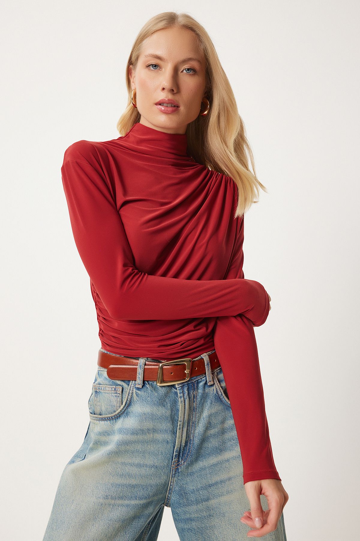 Happiness İstanbul-Damen-Bluse mit gefliestem Kordelzug und detailliertem hohem Kragen in Sandfarben FF00135 3