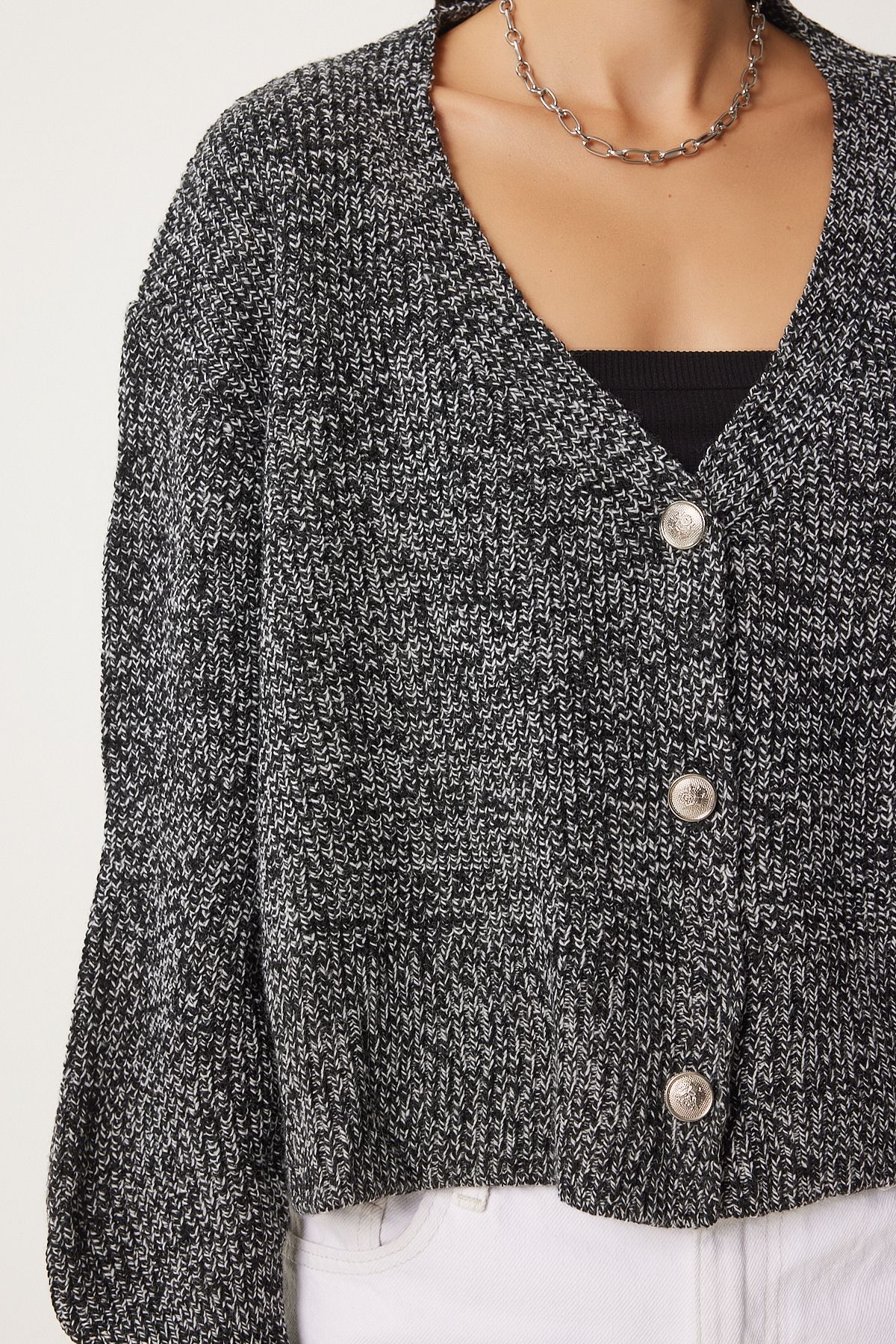 Happiness İstanbul-Grau meliert V-Ausschnitt Strick Damen Strickjacke - Grau Fn03338 4