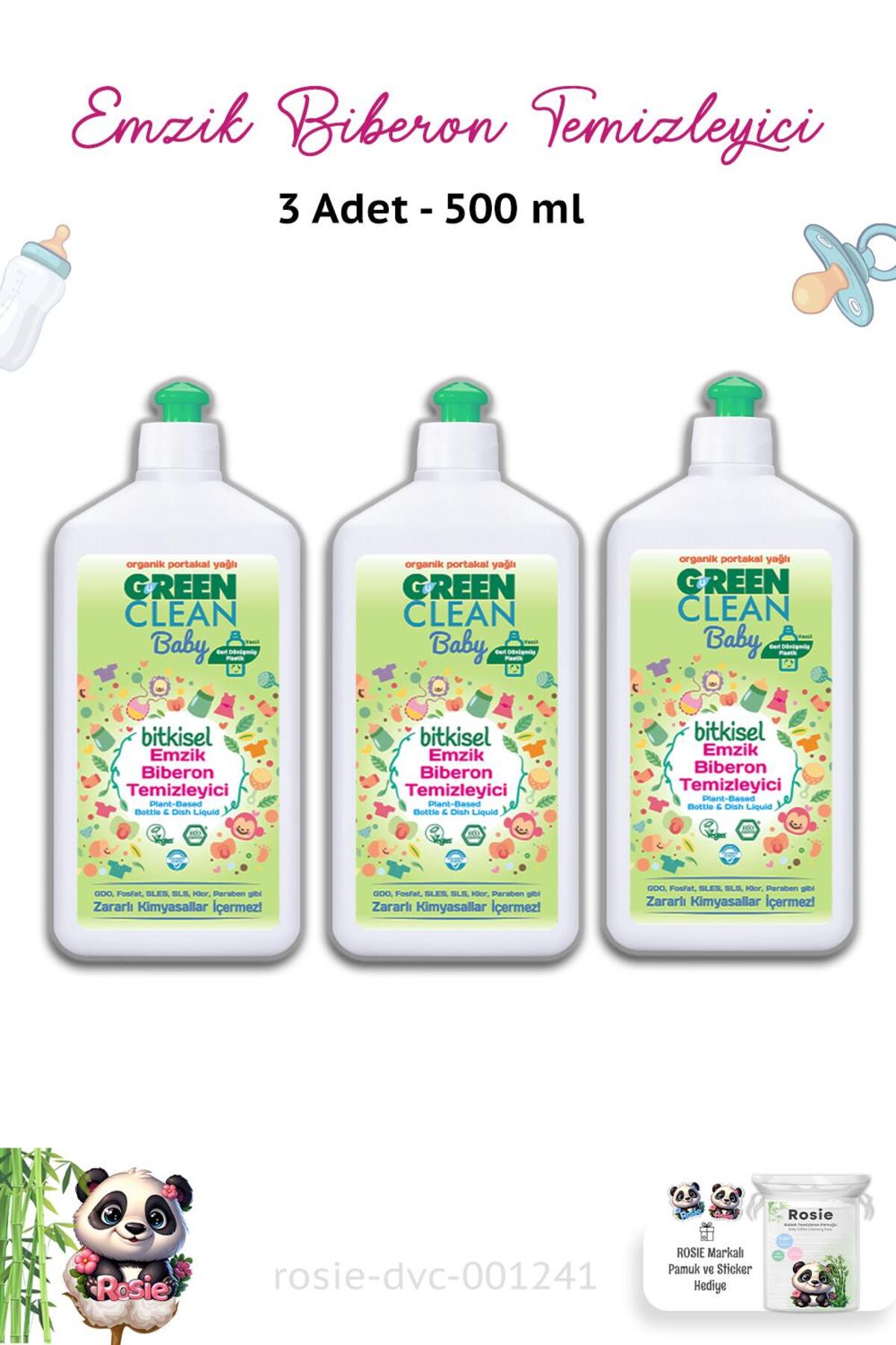 Green Clean 3 Adet Green Clean Baby Bitkisel Emzik Biberon Temizleyici 500 ml ve ROSIE