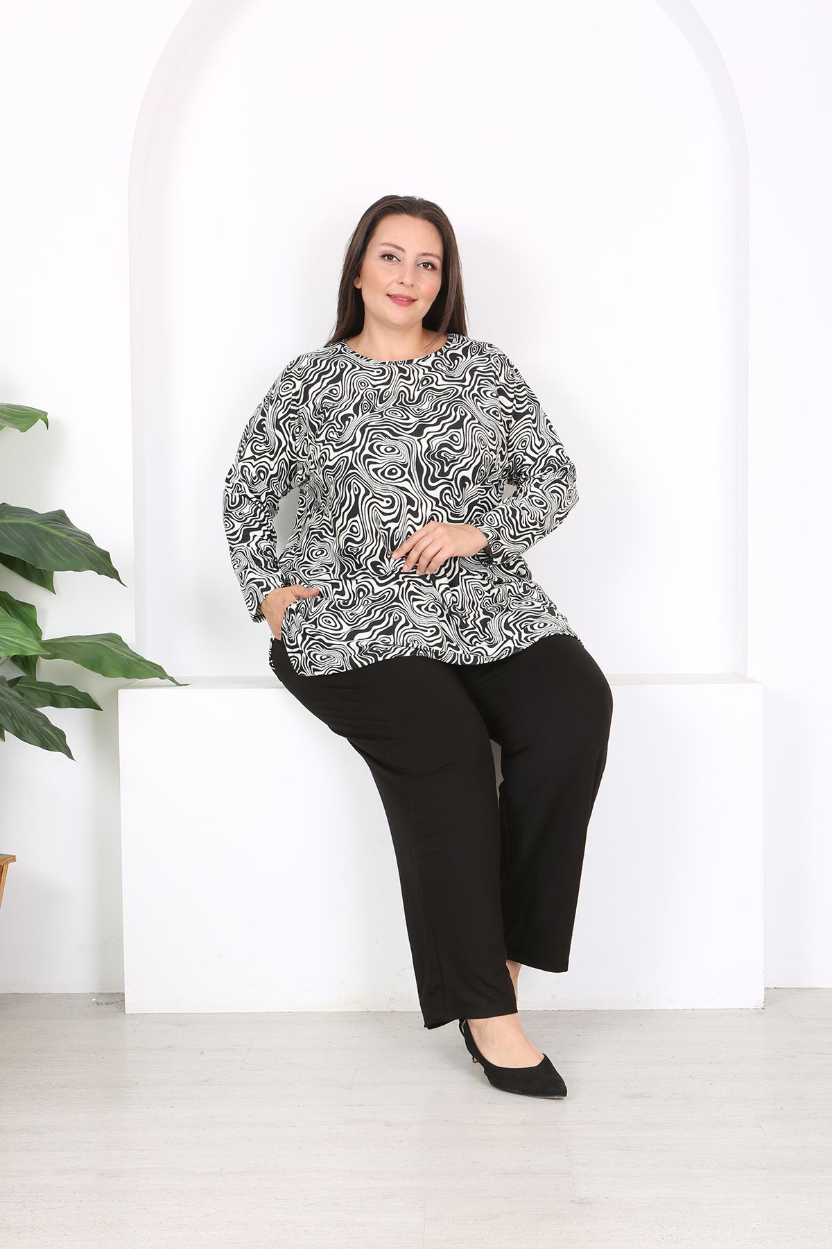 XL Modam-Set de tunică și pantaloni cu fantă laterală de mărime mare 7