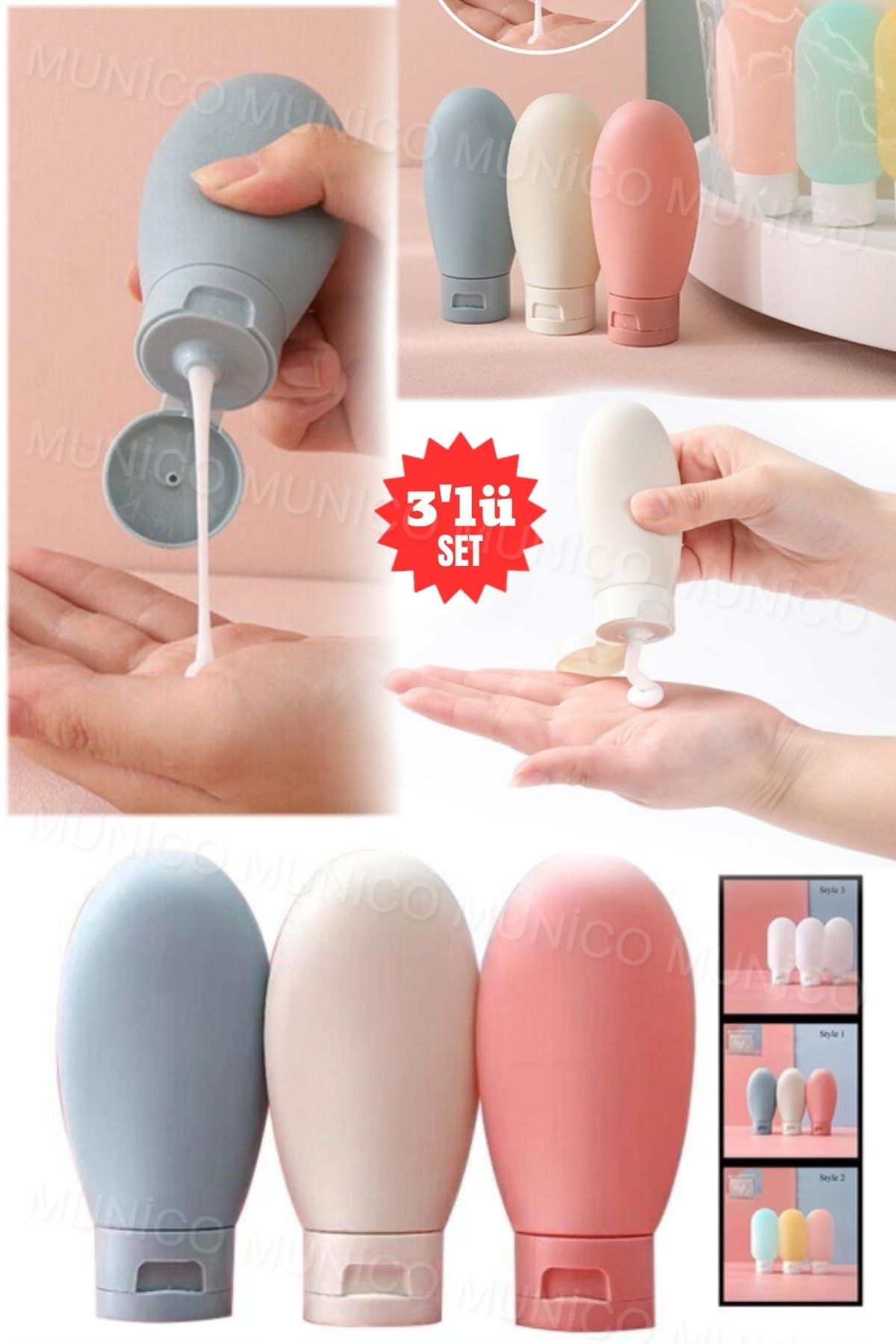 Munico-Leak Proof Cream and Shampoo Containers Set of 3Pcs 60ml Bottles for Travel Ideal Size Bottles for Holiday 6