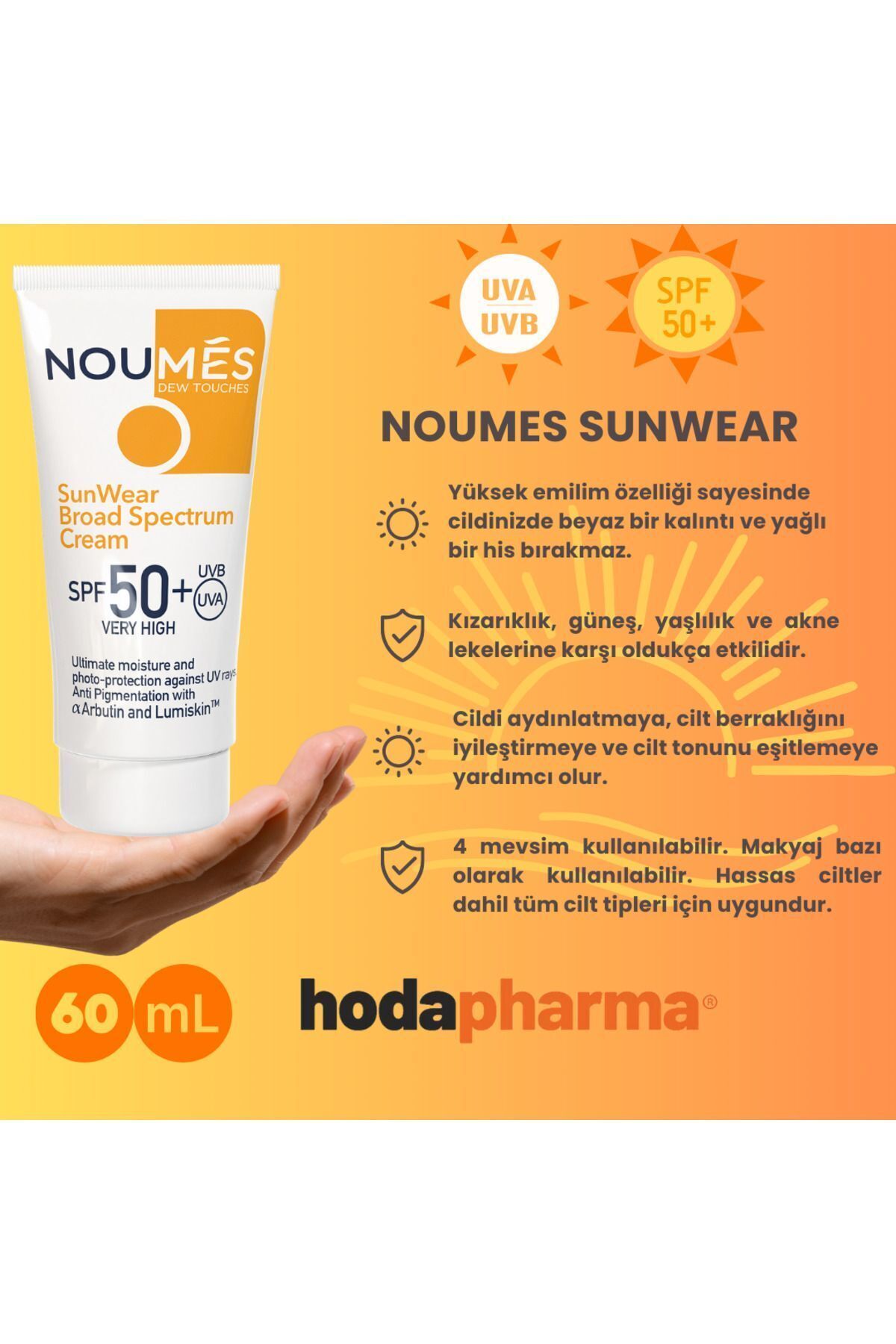 Noumes SPF 50+ Leke Karşıtı,Aydınlatıcı,Ton Eşitleyici,Akne Karşıtı,Nemlendirici Güneş Kremi 60 ML — 8684225241787 — تصویر 3 از 4