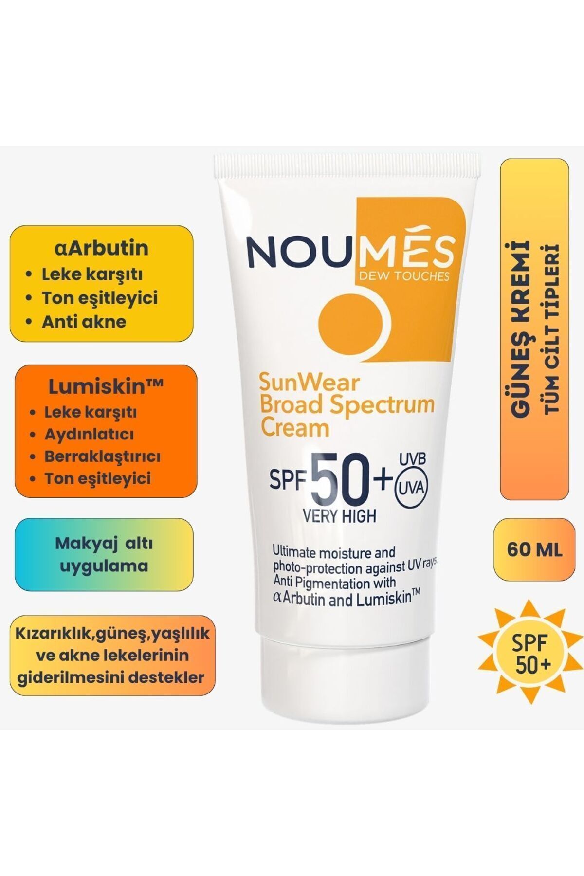 Noumes SPF 50+ Leke Karşıtı,Aydınlatıcı,Ton Eşitleyici,Akne Karşıtı,Nemlendirici Güneş Kremi 60 ML — 8684225241787