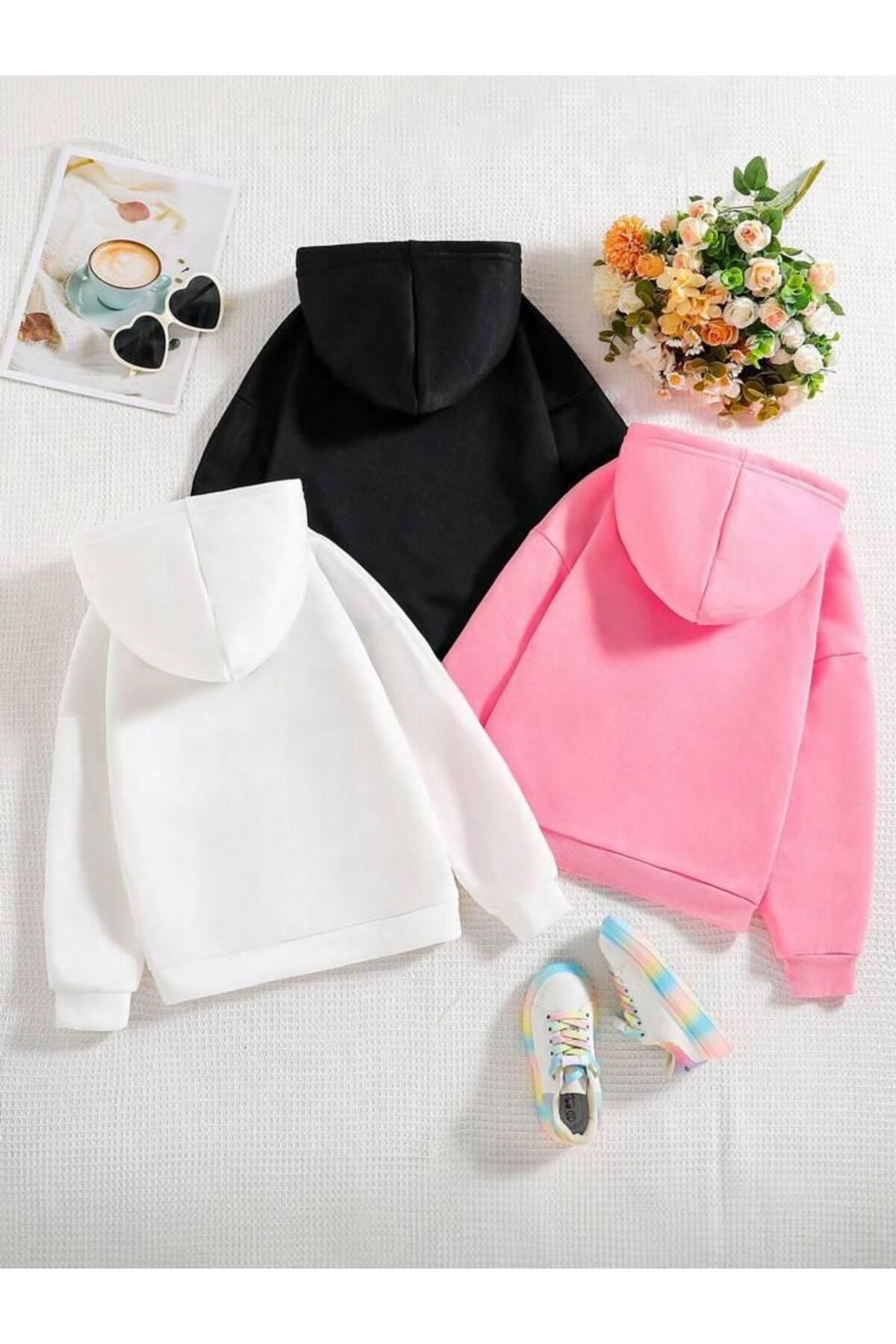 Kız Çocuk 3lü Paket Kapşonlu Girls Baskılı Pembe-Siyah-Beyaz Sweatshirt