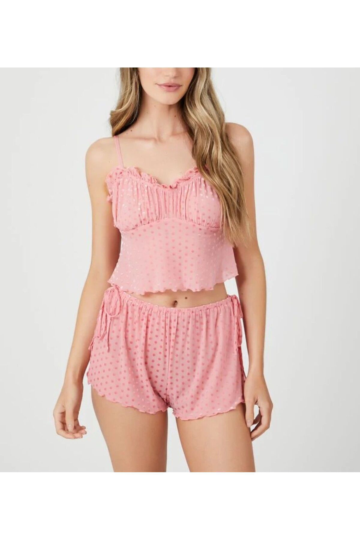 ARDSU-Mesh Pajama Set - Shorts with Elastic Waist and Strings and Side Slits 6