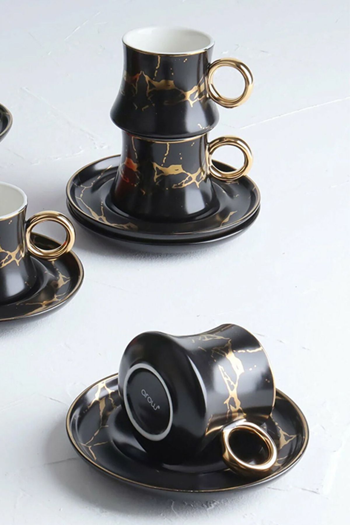 AROW-TR-2619 Black Porcelain Coffee Cup Set - 12 Pieces, 6 Person 3