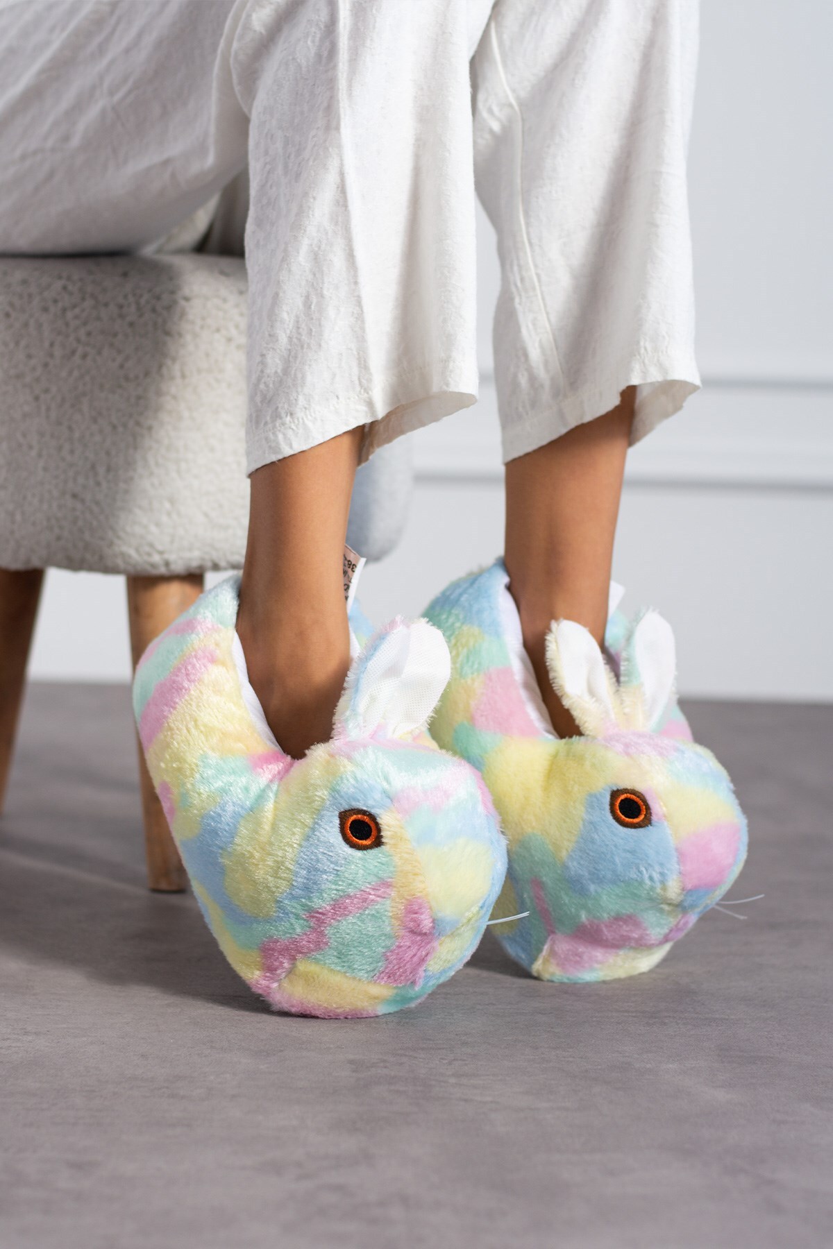 AlbiShoes Tavşanlı Hayvan Figürlü Peluş Panduf Kadın Ev Botu Ev Panduf Hafif Ses Yapmaz Taban(30-40)