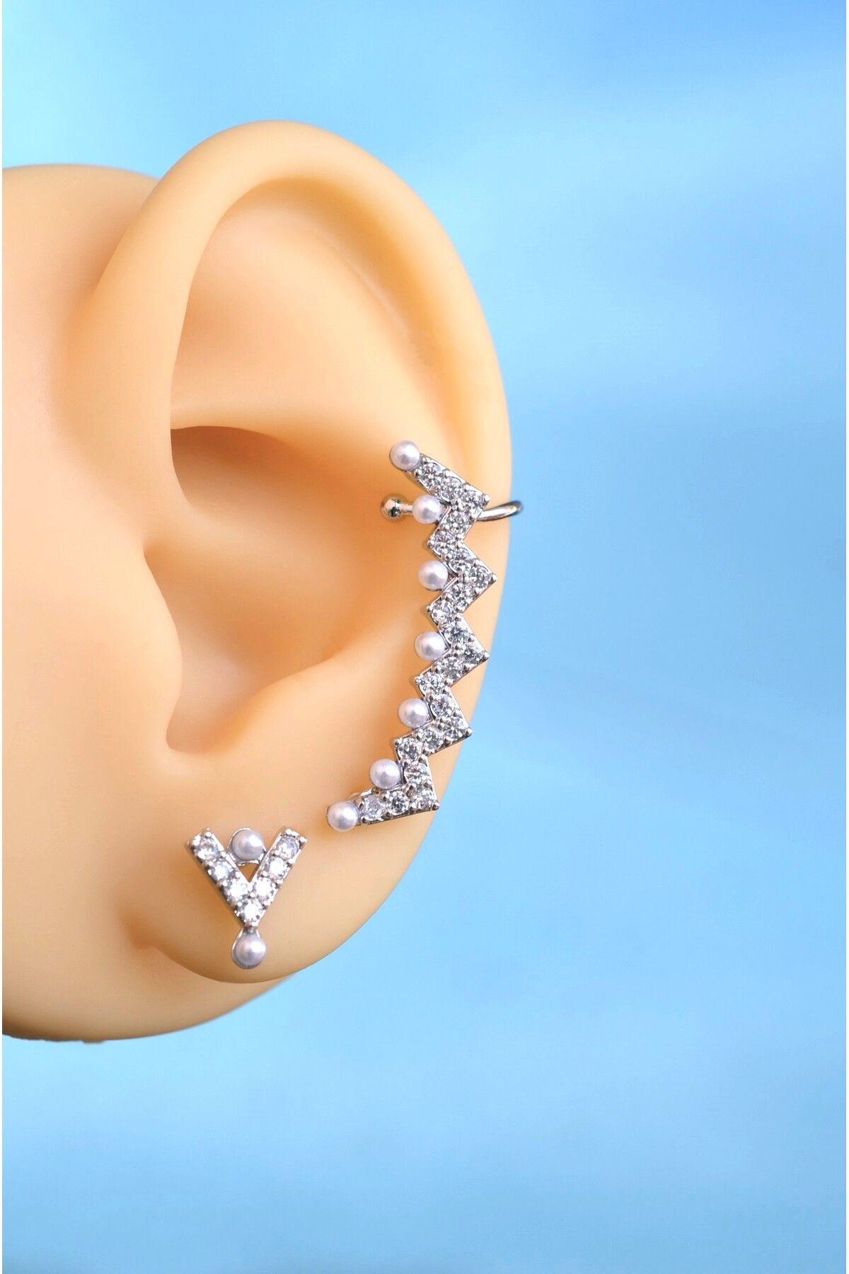 Zirkon Taşlı İncili Sıkıştırmalı Kıkırdak Küpesi İkili Takım Earcuff ve Küpe